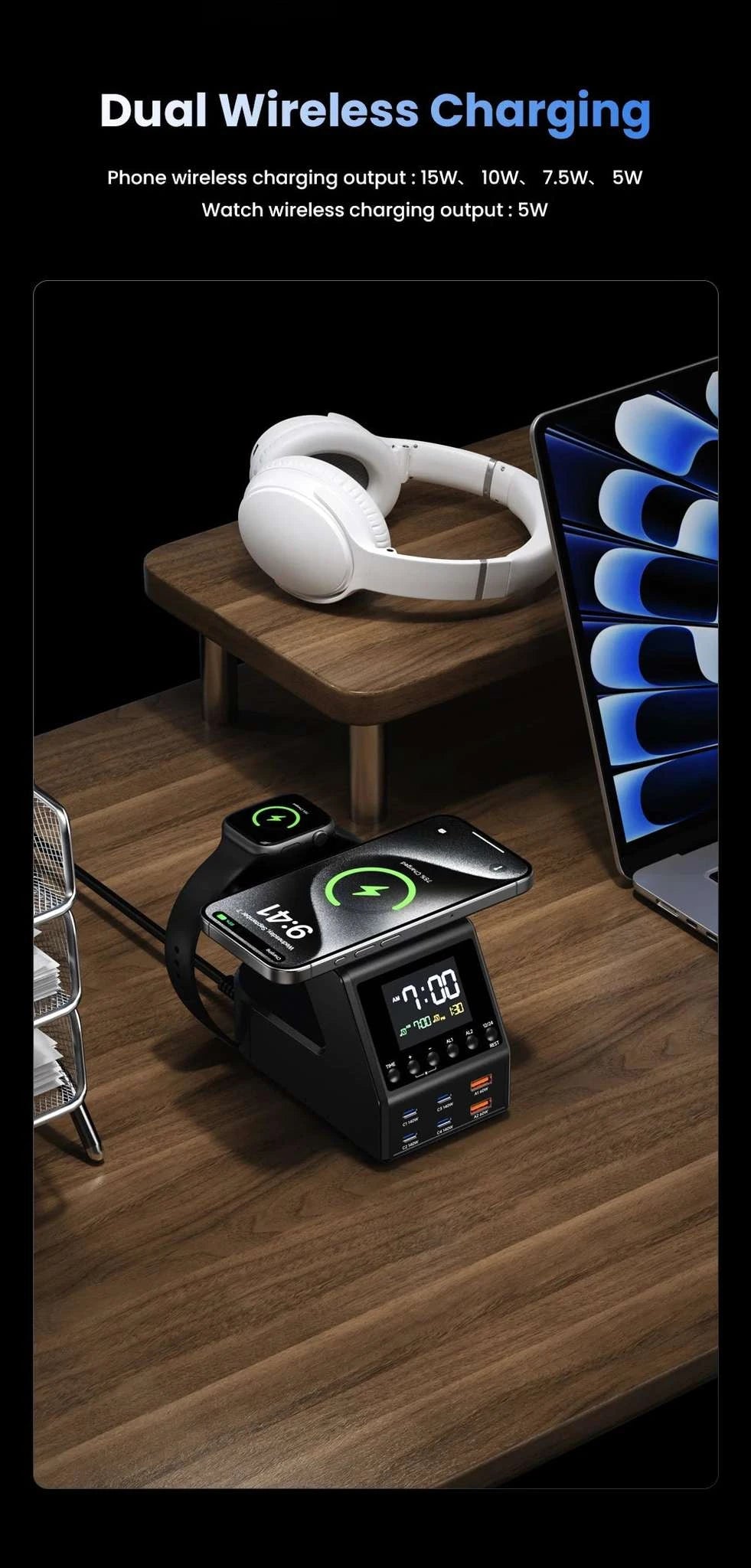 240W GaN Charging Station with 10 Ports, Wireless Pads & Clock-UK Plug