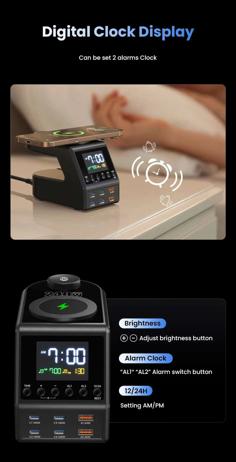 240W GaN Charging Station with 10 Ports, Wireless Pads & Clock-UK Plug