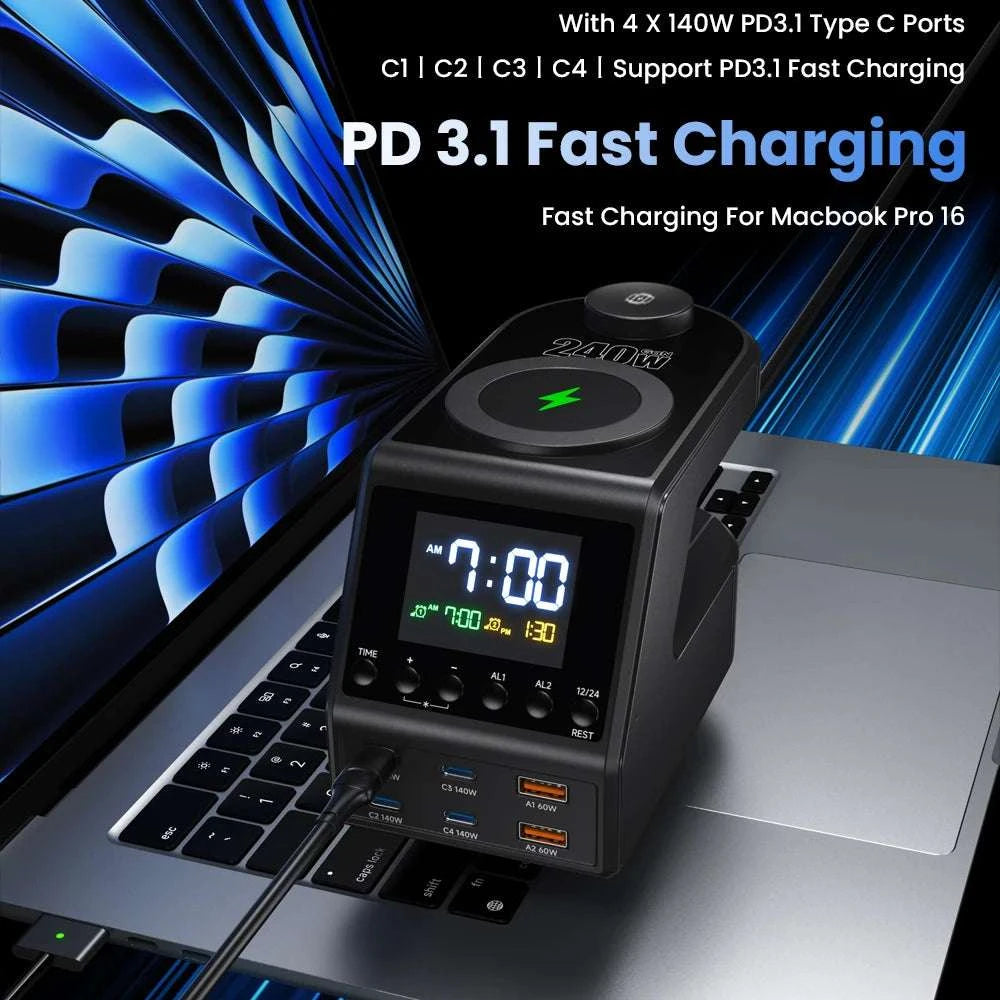 240W GaN Charging Station with 10 Ports, Wireless Pads & Clock-UK Plug