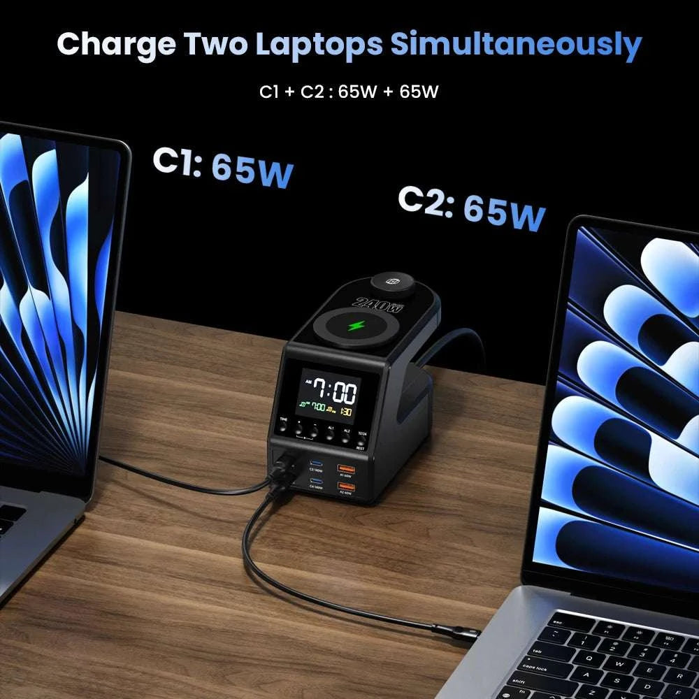 240W GaN Charging Station with 10 Ports, Wireless Pads & Clock-UK Plug