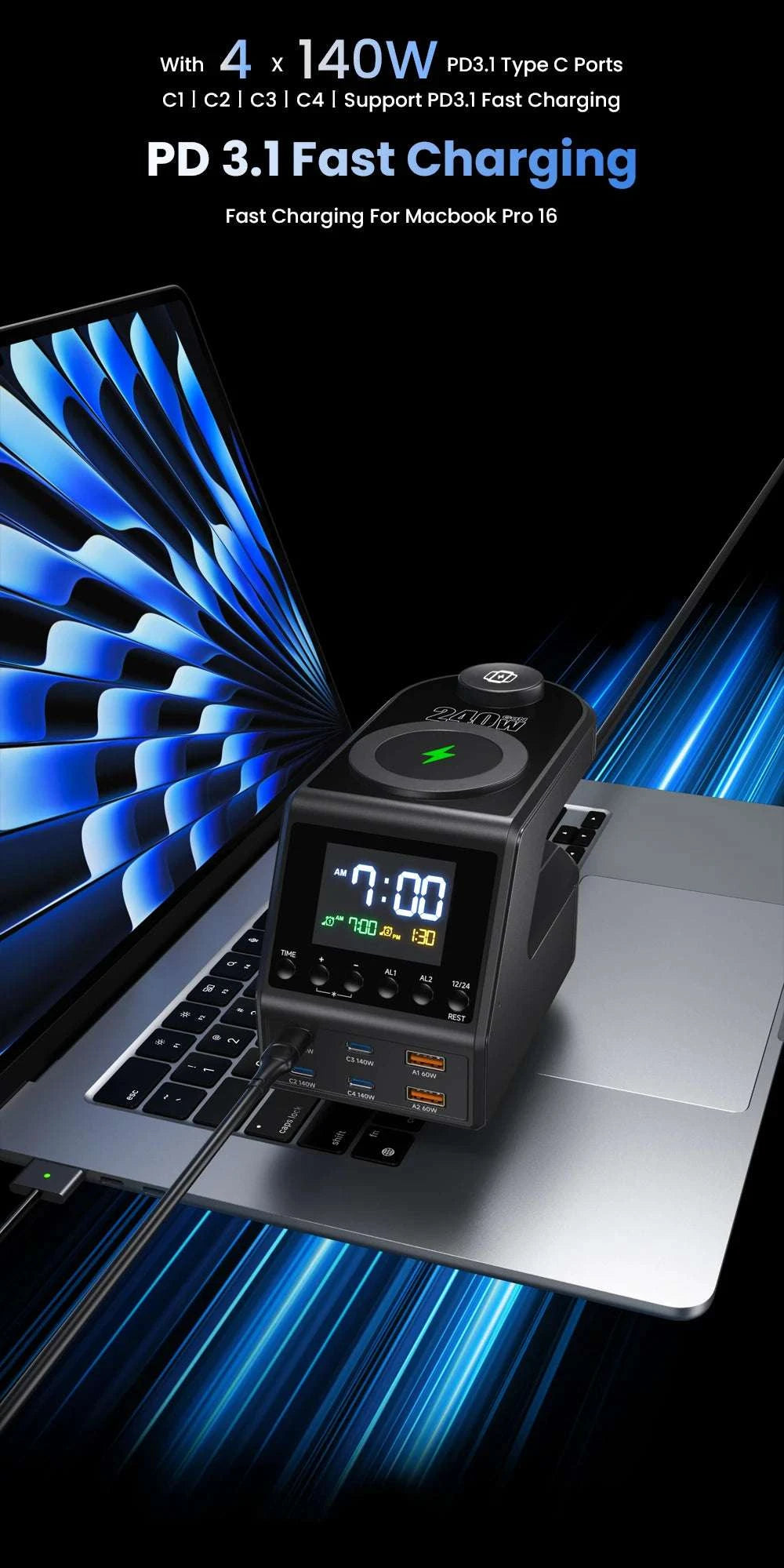 240W GaN Charging Station with 10 Ports, Wireless Pads & Clock-UK Plug