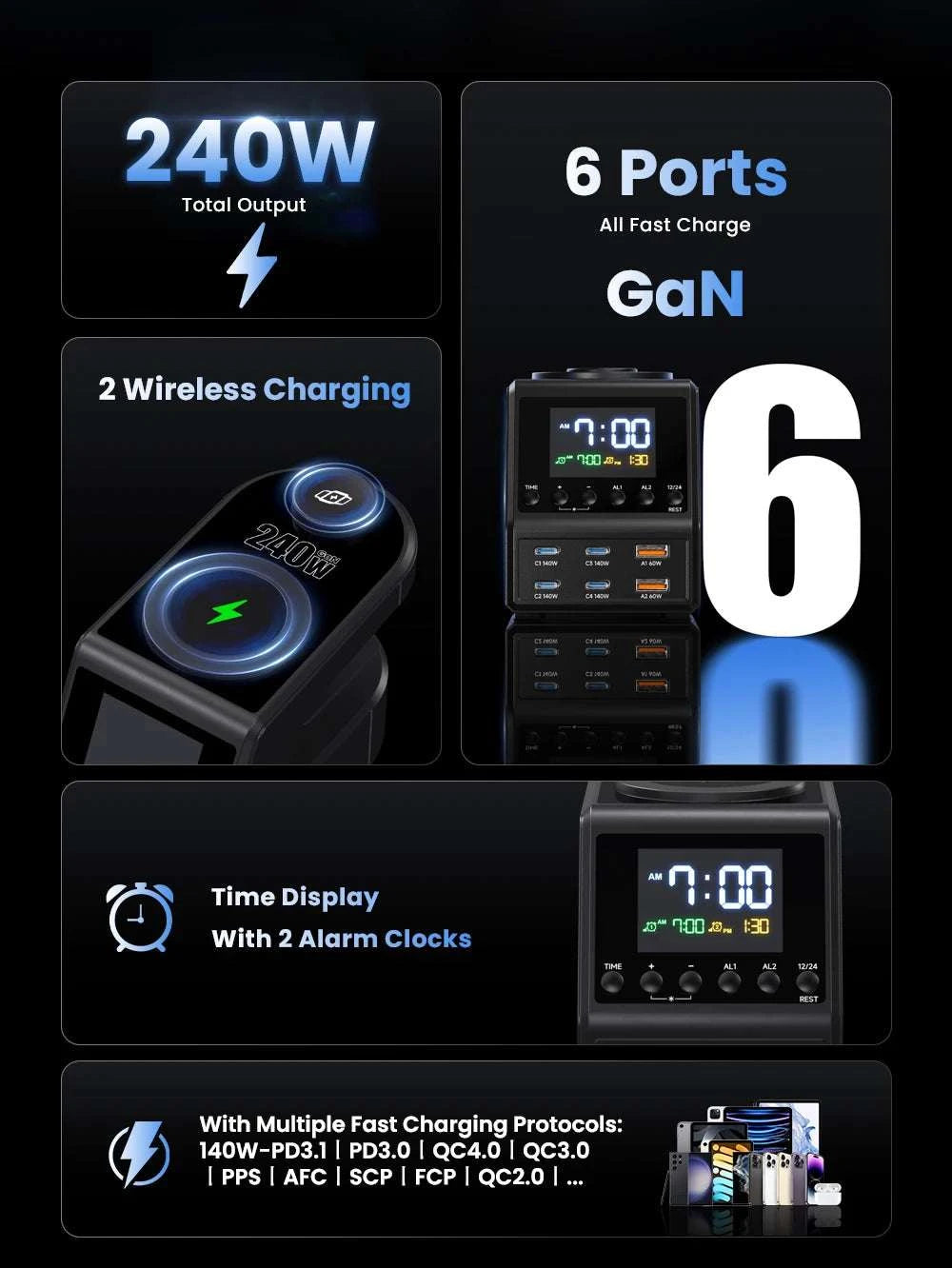 240W GaN Charging Station with 10 Ports, Wireless Pads & Clock-UK Plug
