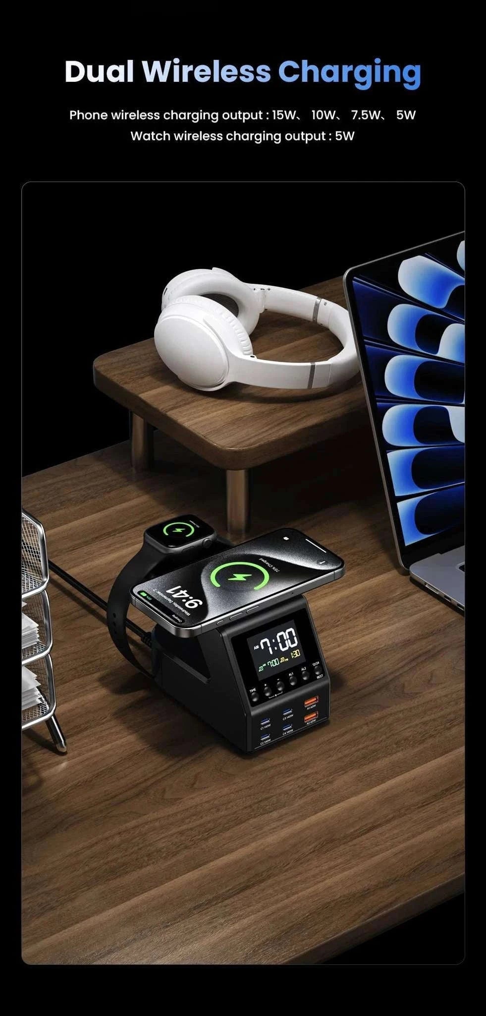 240W GaN Charging Station with 10 Ports, Wireless Pads & Clock-UK Plug