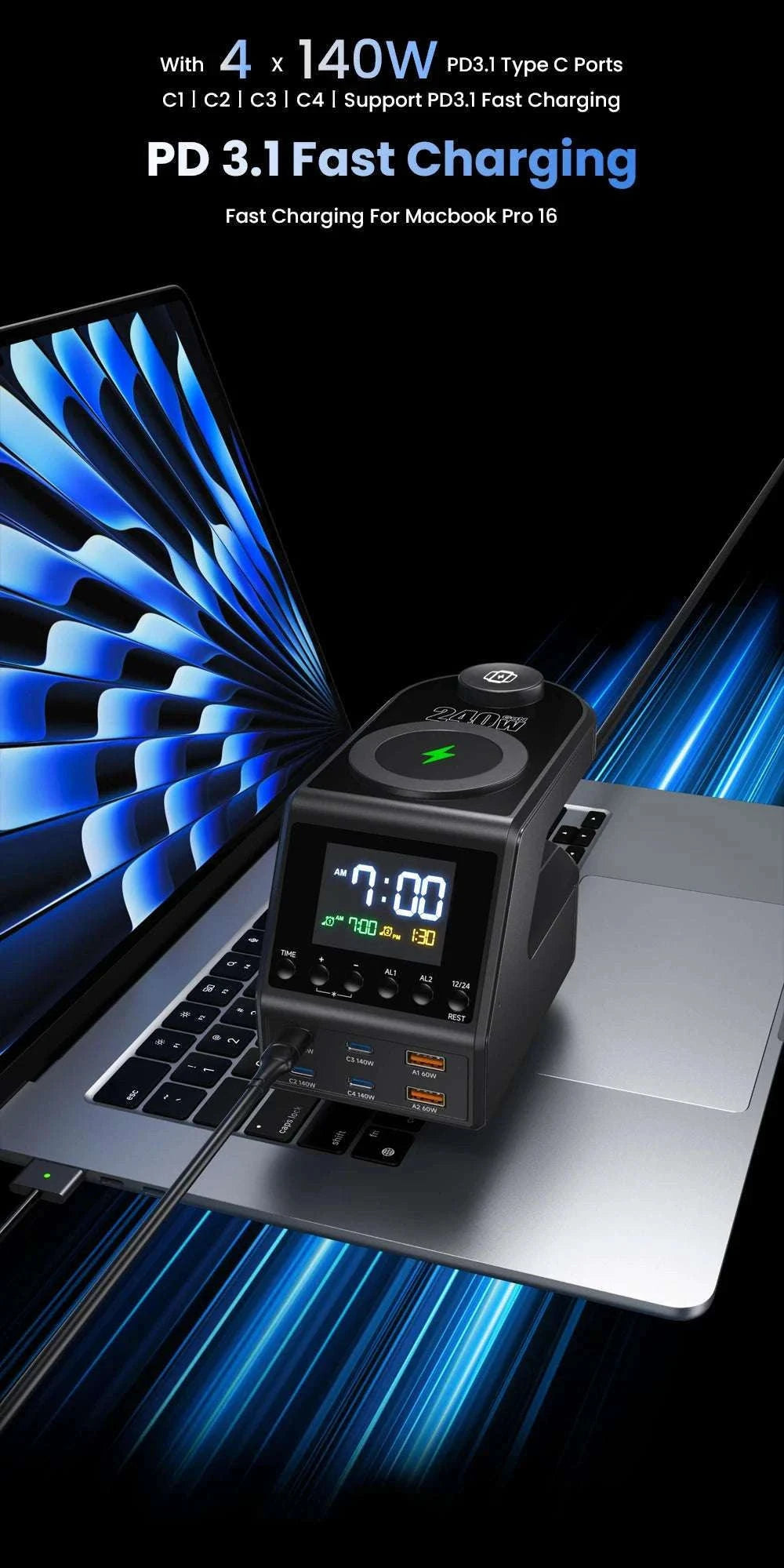 240W GaN Charging Station with 10 Ports, Wireless Pads & Clock-UK Plug