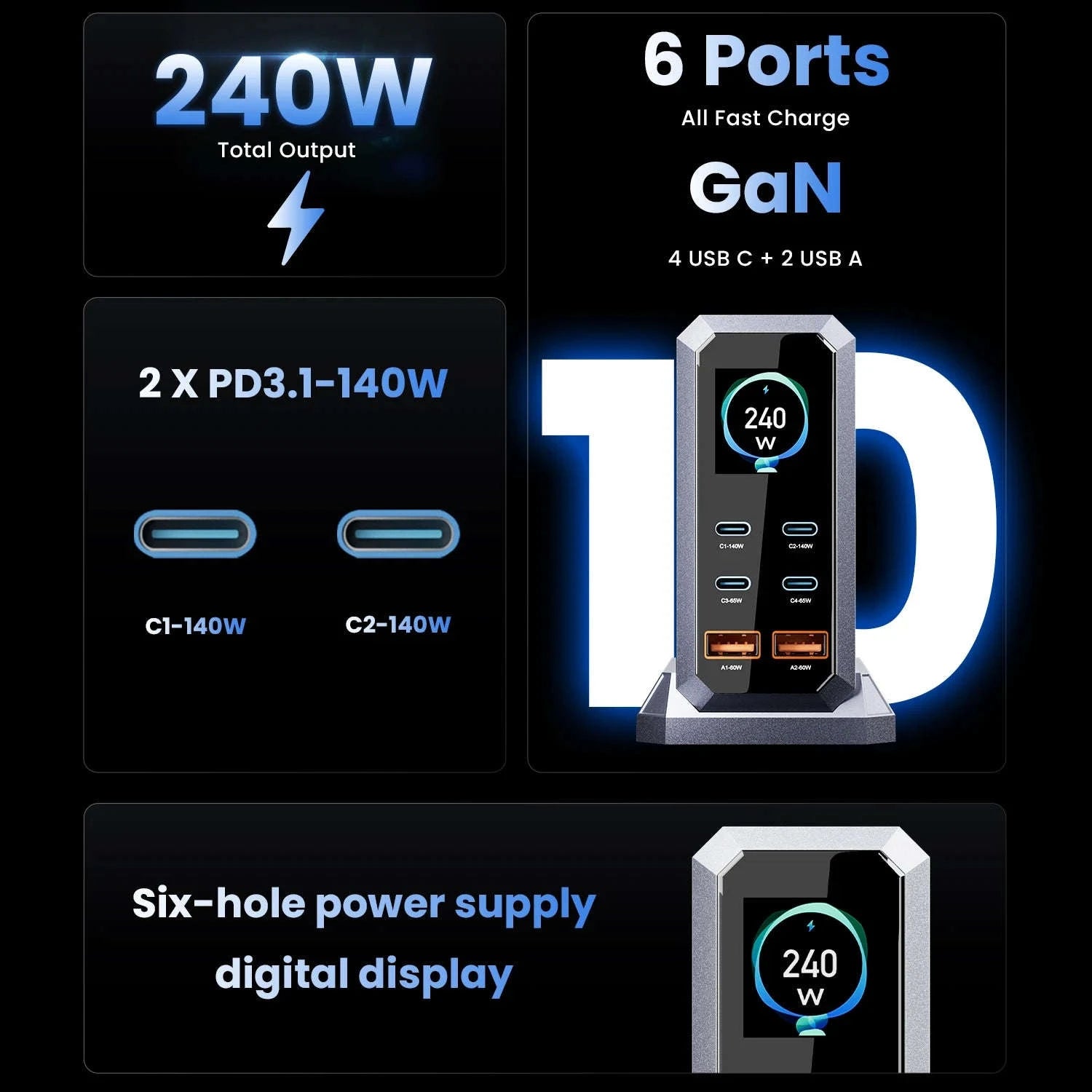 240W GaN Desktop Charger 6-Port USB-C PD3.1 Fast Charging Station-UK Plug