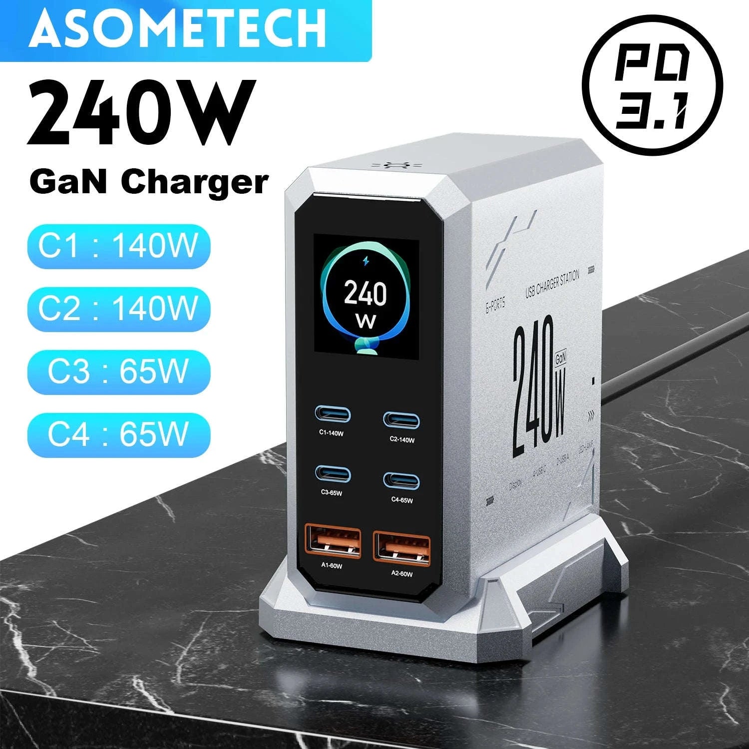 240W GaN Desktop Charger 6-Port USB-C PD3.1 Fast Charging Station-UK Plug
