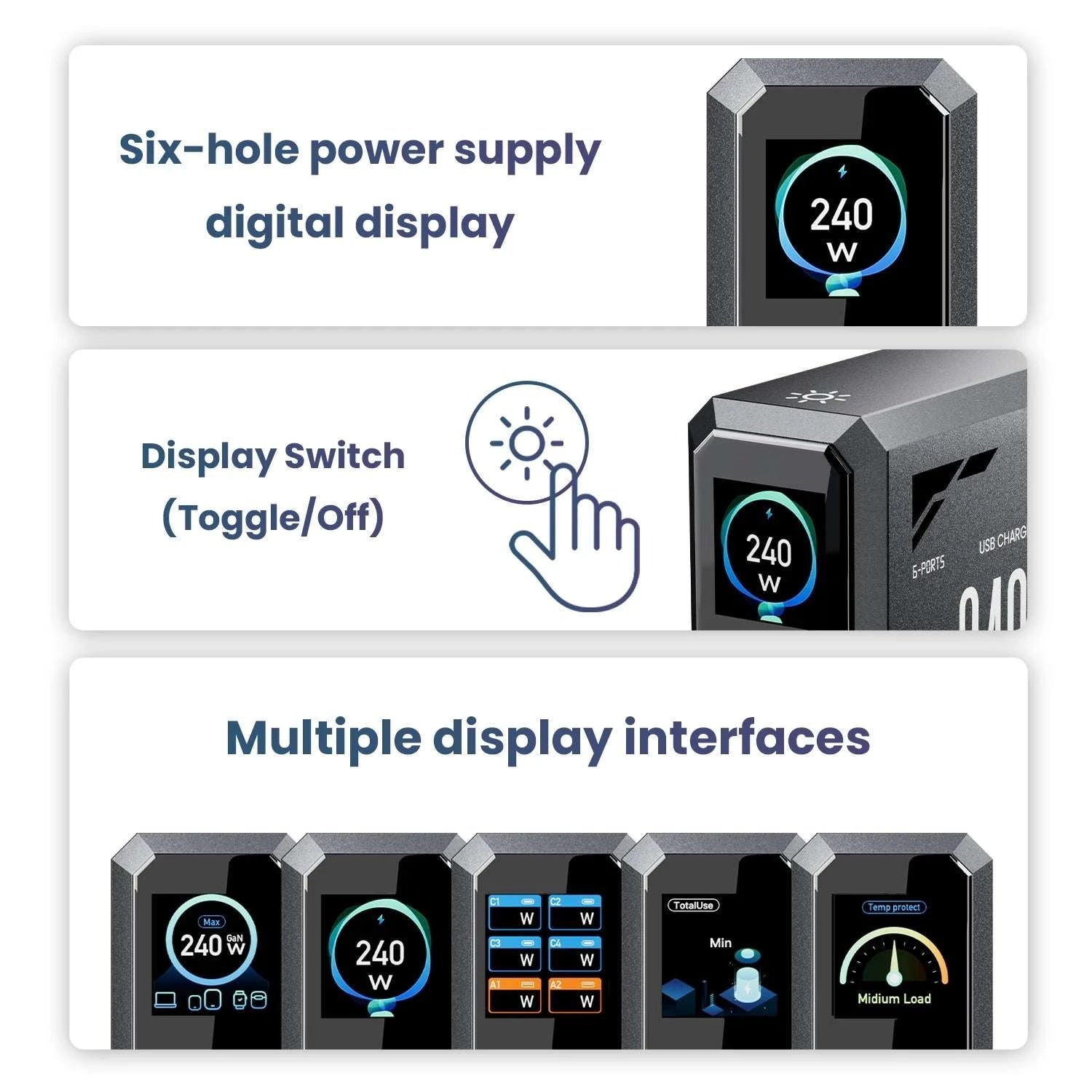 240W GaN Fast Charging Station 6-in-1 USB-C & USB-A Desktop Charger-US Plug / United States