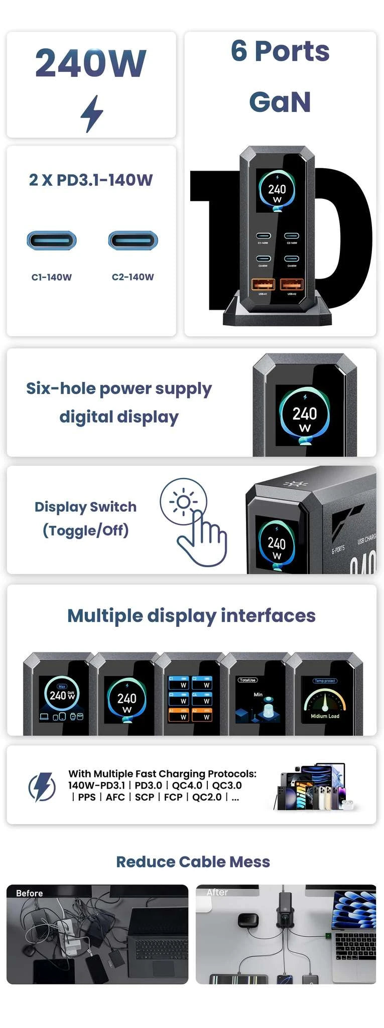 240W GaN Fast Charging Station 6-in-1 USB-C & USB-A Desktop Charger-US Plug / United States