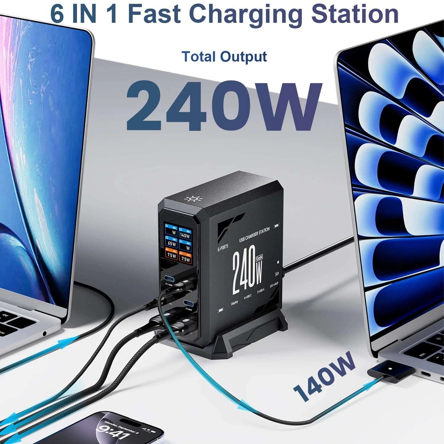 240W GaN Fast Charging Station 6-in-1 USB-C & USB-A Desktop Charger-US Plug / United States
