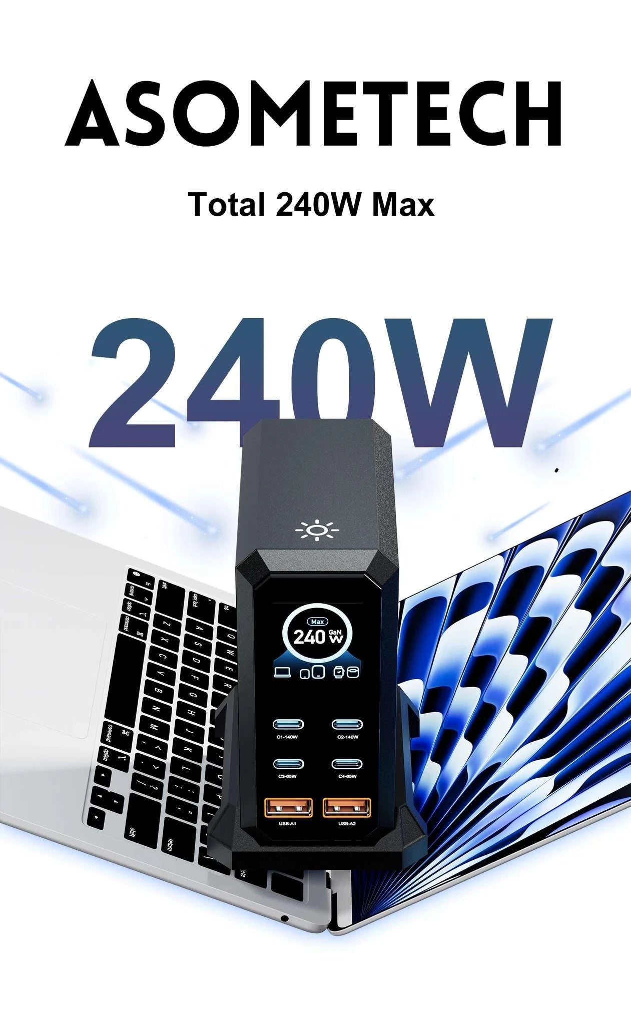 240W GaN Fast Charging Station 6-in-1 USB-C & USB-A Desktop Charger-US Plug / United States