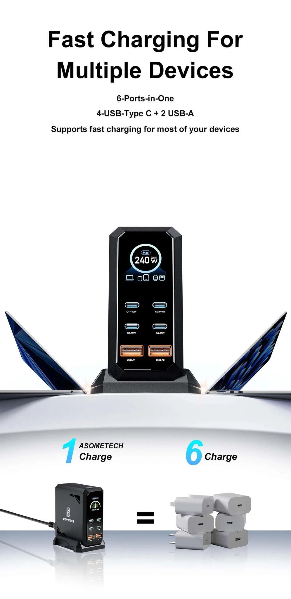 240W GaN Fast Charging Station 6-in-1 USB-C & USB-A Desktop Charger-US Plug / United States