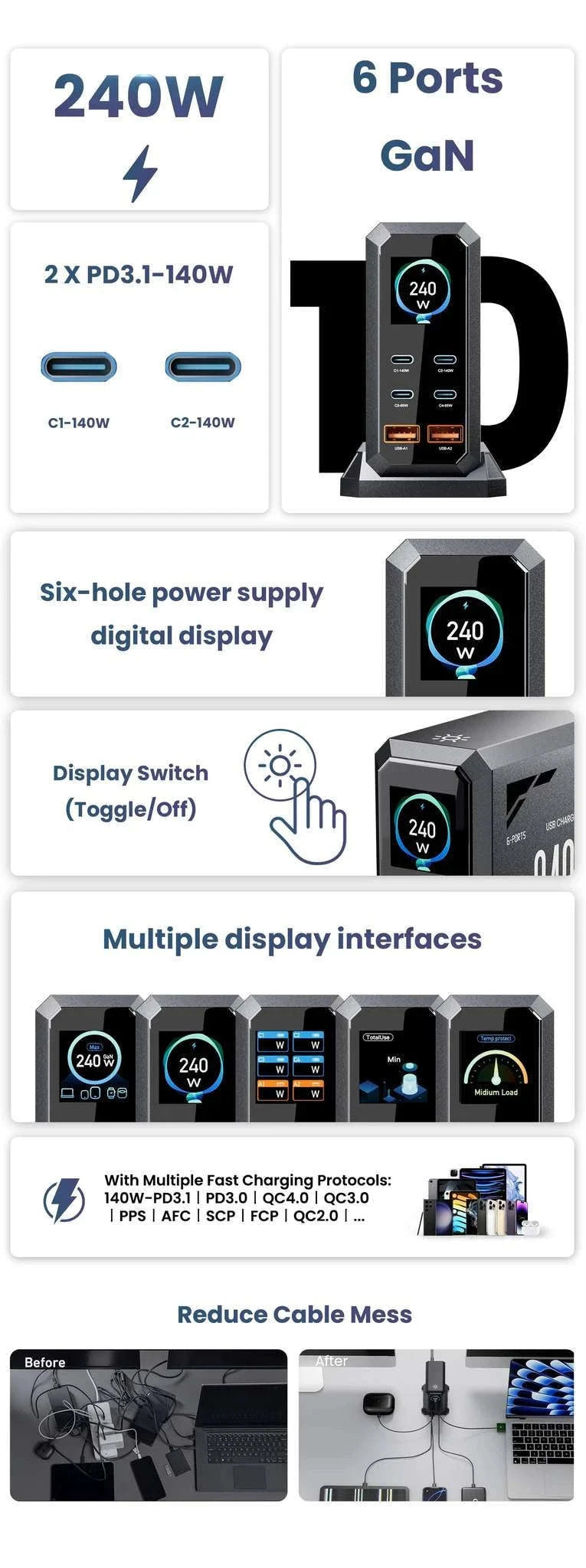 240W GaN Fast Charging Station 6-in-1 USB-C & USB-A Desktop Charger-US Plug / United States