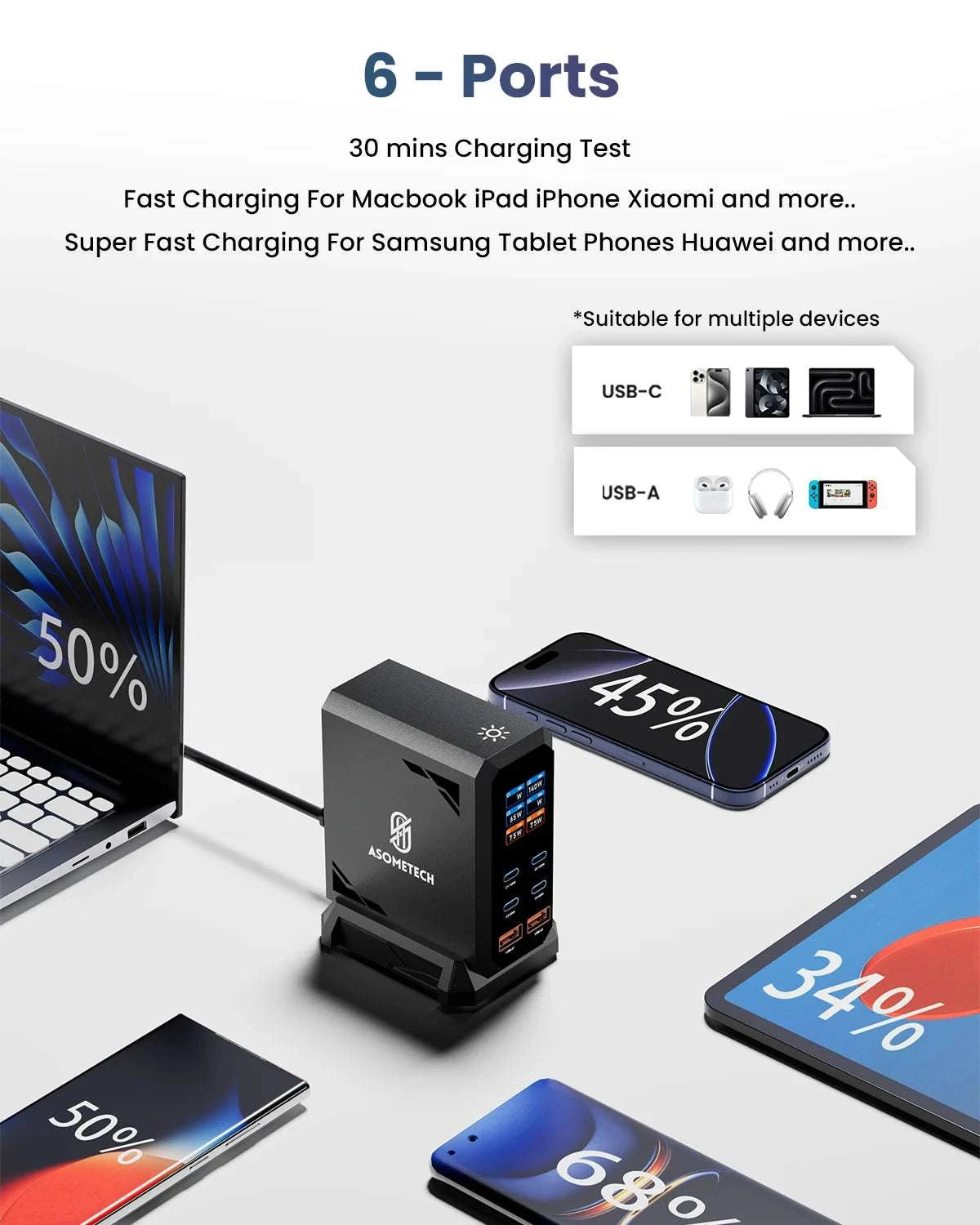 240W GaN Fast Charging Station 6-in-1 USB-C & USB-A Desktop Charger-US Plug / United States