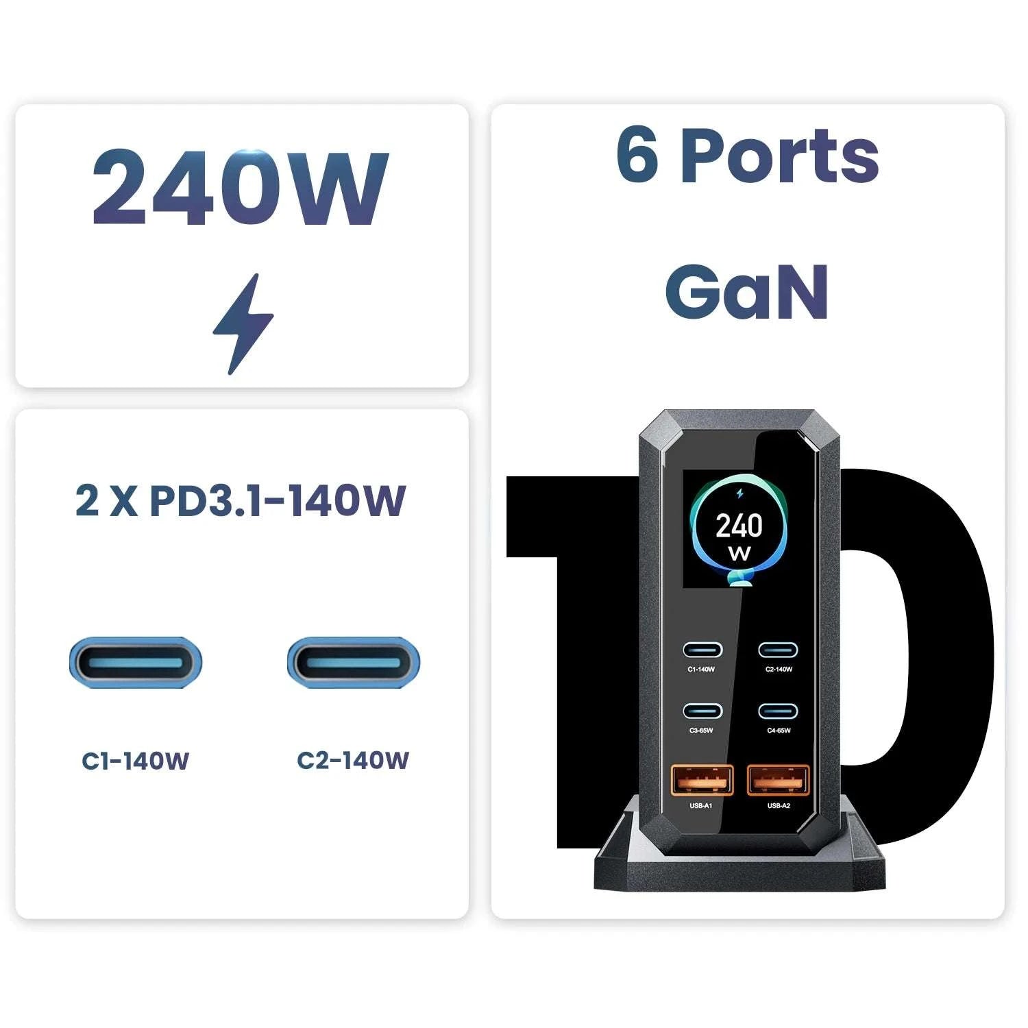 240W GaN Fast Charging Station 6-in-1 USB-C & USB-A Desktop Charger-US Plug / United States