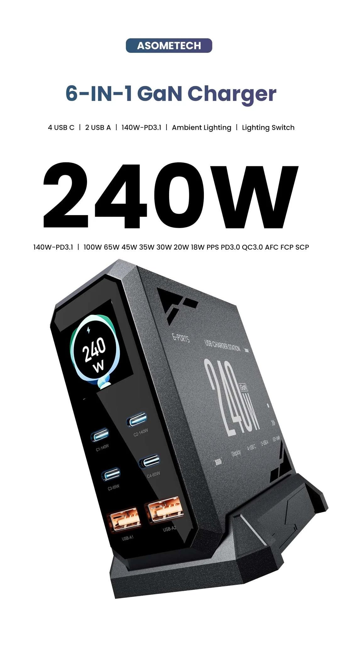 240W GaN Fast Charging Station 6-in-1 USB-C & USB-A Desktop Charger-US Plug / United States
