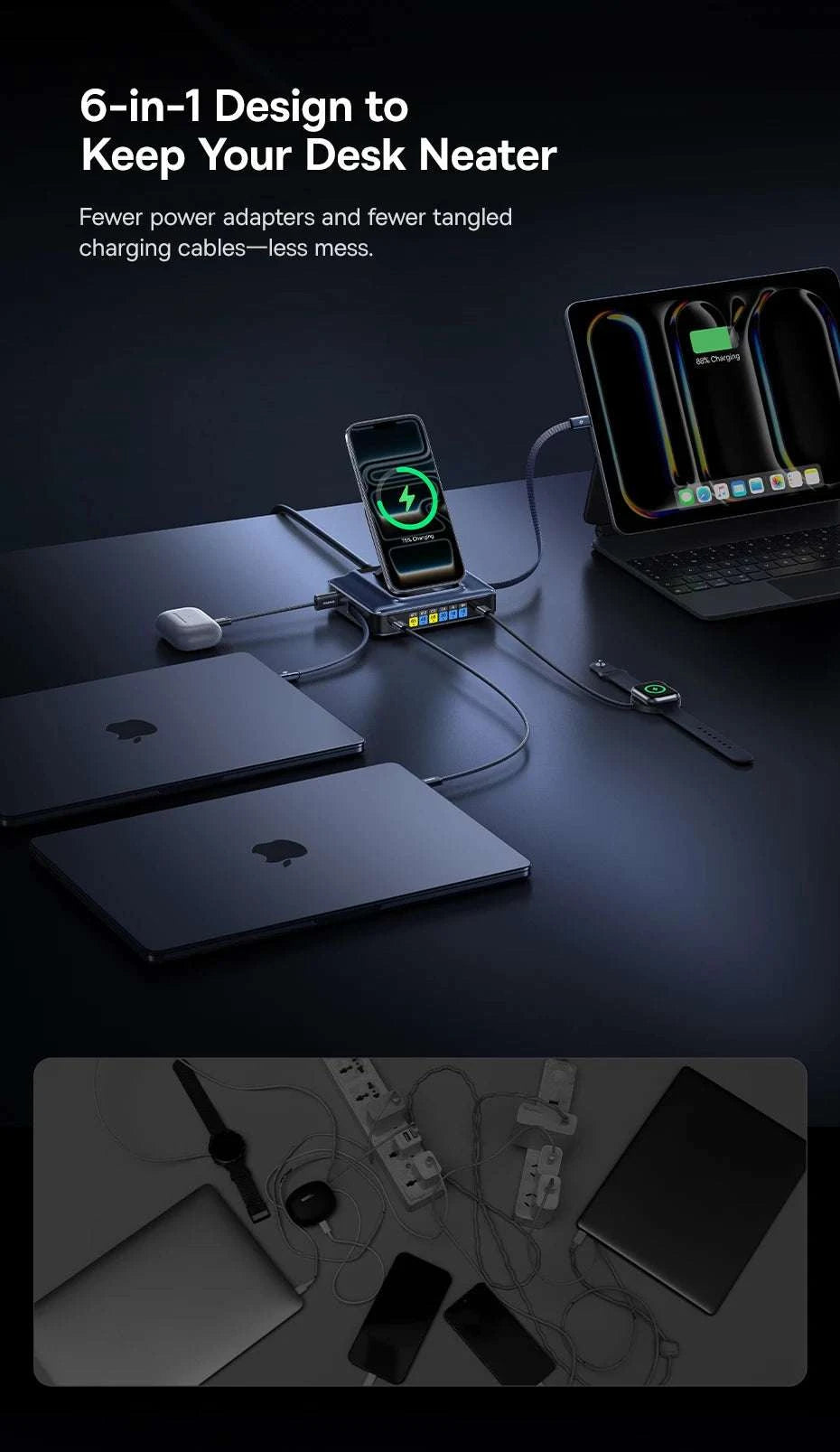 245W 6-in-1 Desktop Charger with Qi2 Wireless & 100W Retractable USB-C-EU Plug Black / China Mainland