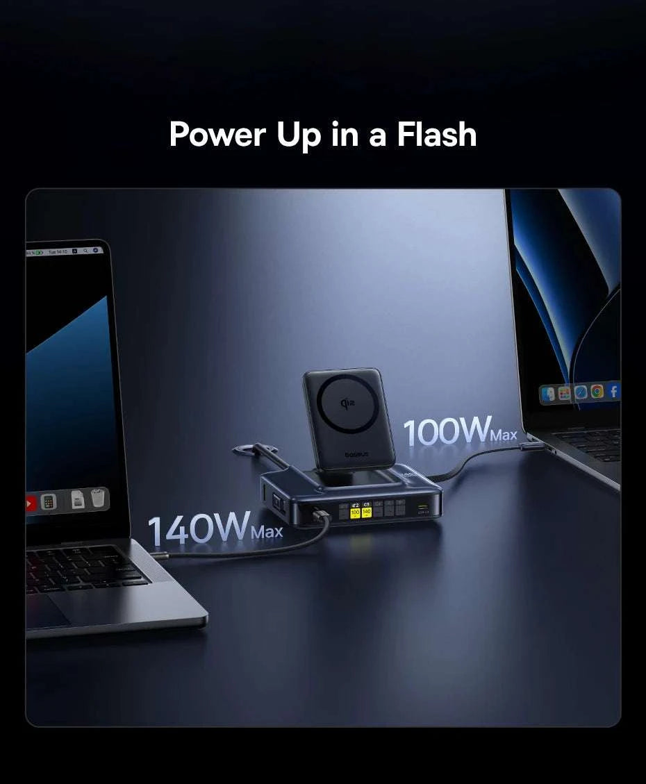 245W 6-in-1 Desktop Charger with Qi2 Wireless & 100W Retractable USB-C-EU Plug Black / China Mainland