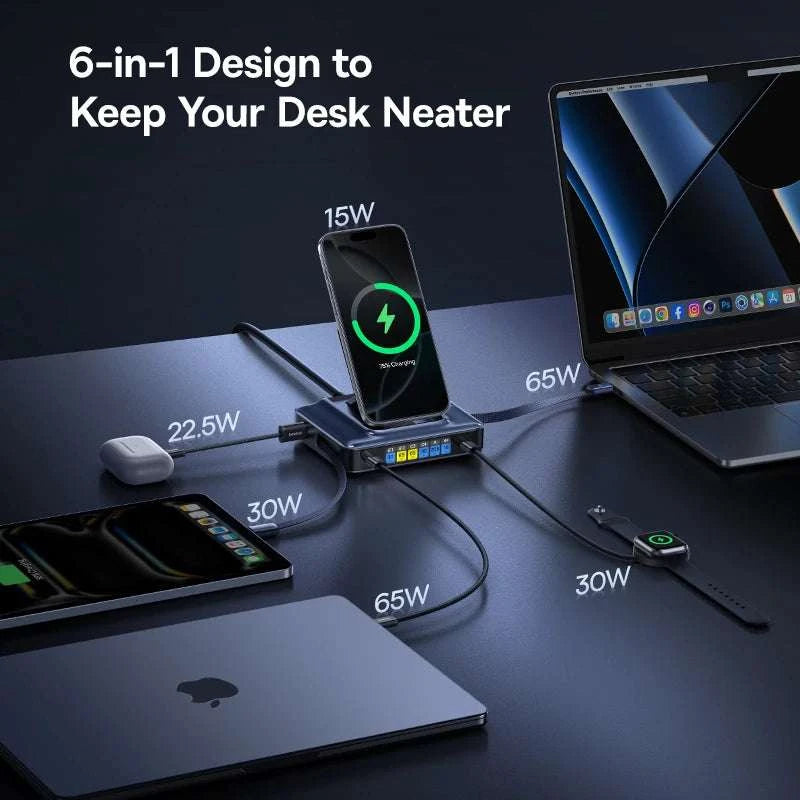 245W 6-in-1 Desktop Charger with Qi2 Wireless & 100W Retractable USB-C-EU Plug Black / China Mainland