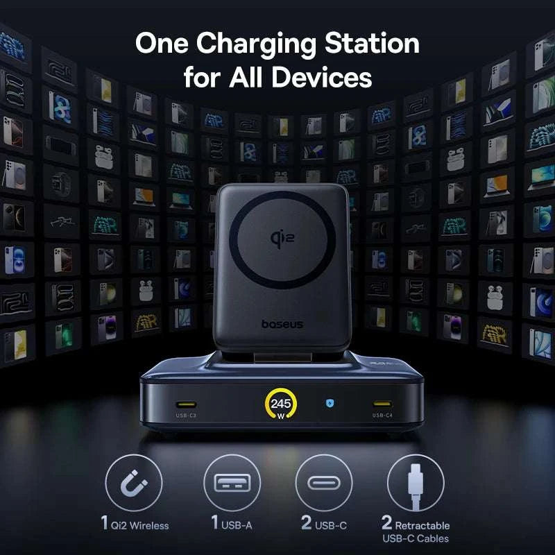 245W 6-in-1 Desktop Charger with Qi2 Wireless & 100W Retractable USB-C-EU Plug Black / China Mainland