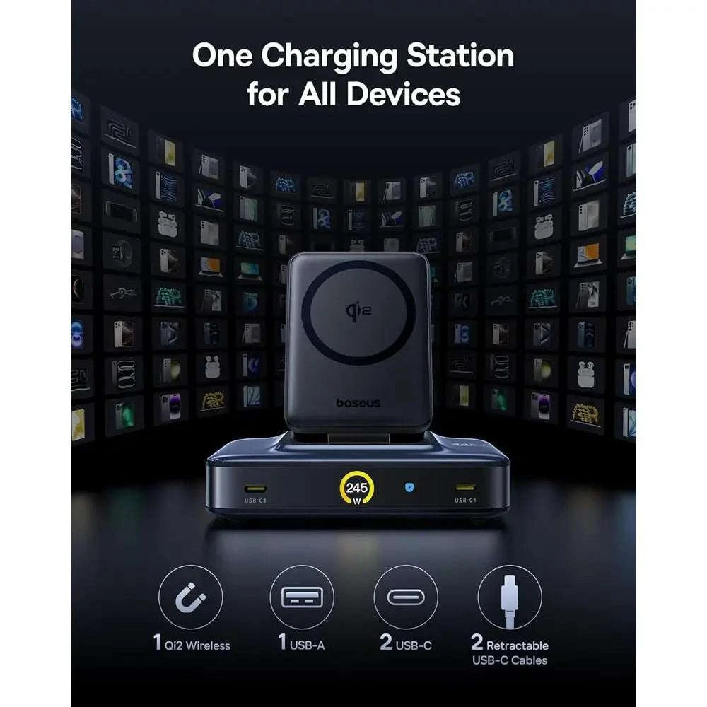 245W 6-in-1 USB-C Charging Station with Retractable Cables & Qi2-United States
