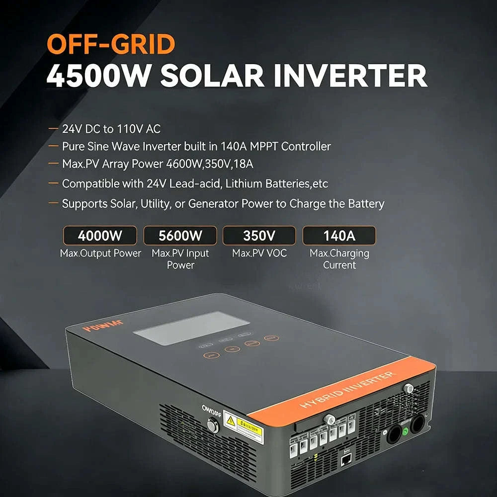 24V 4000W Solar Inverter Pure Sine Wave with LCD Display and MPPT-4KW without WIFI / 110-120V / 24V|United States
