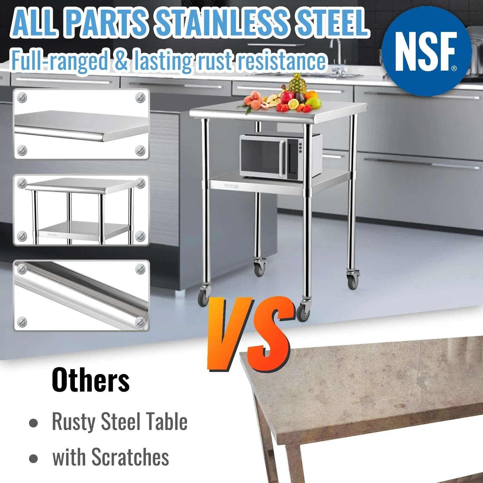 24x24 Inch Stainless Steel Kitchen Work Table with Wheels-24x24inch / france