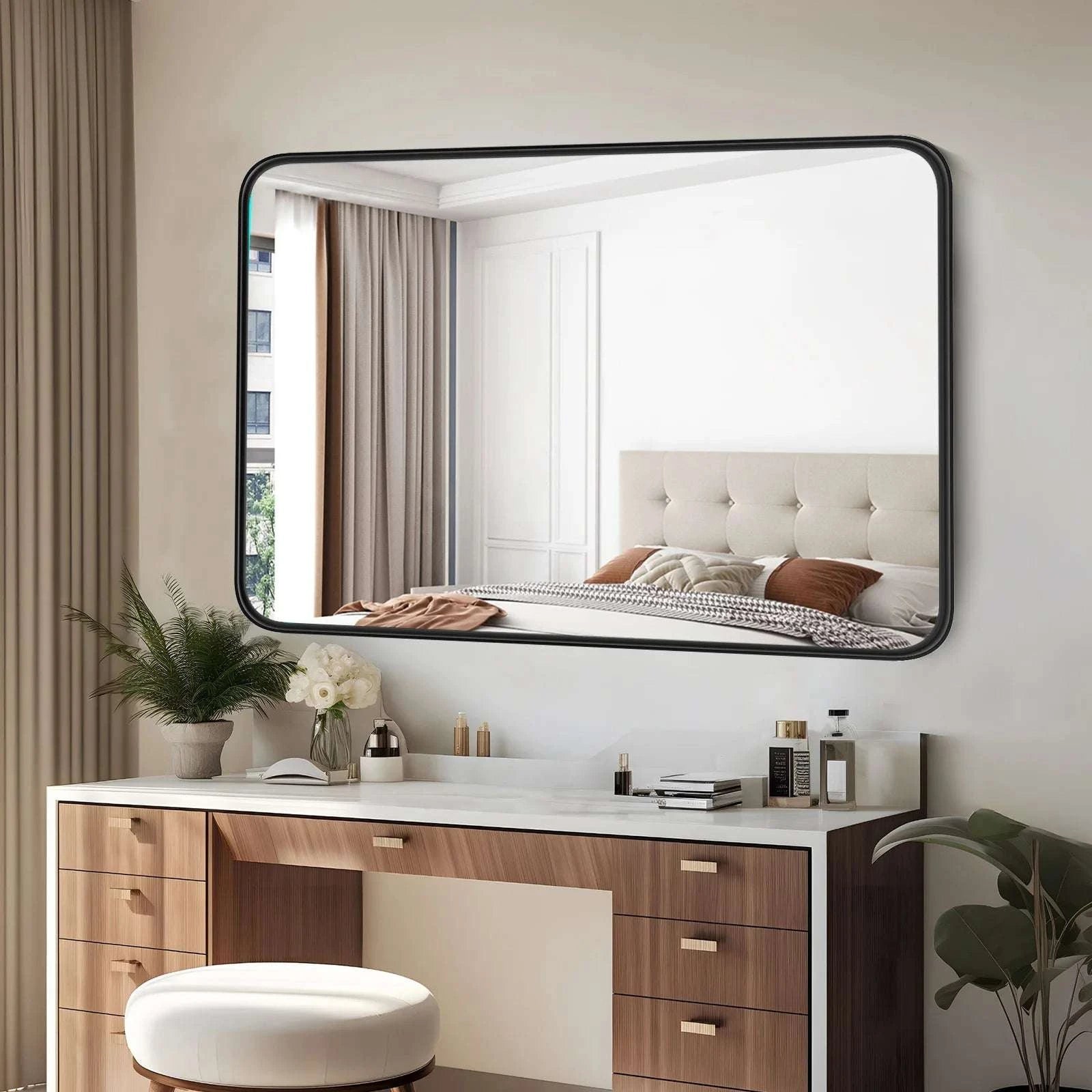 24x36 Inch Matte Black Framed Wall Mirror with Tempered Glass-30L x 22W / United States
