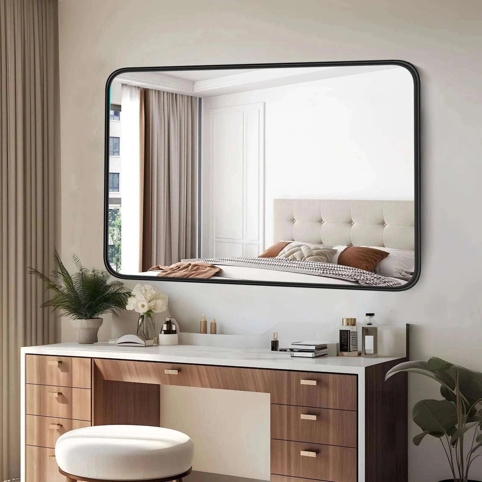 24x36 Inch Matte Black Framed Wall Mirror with Tempered Glass-30L x 22W / United States