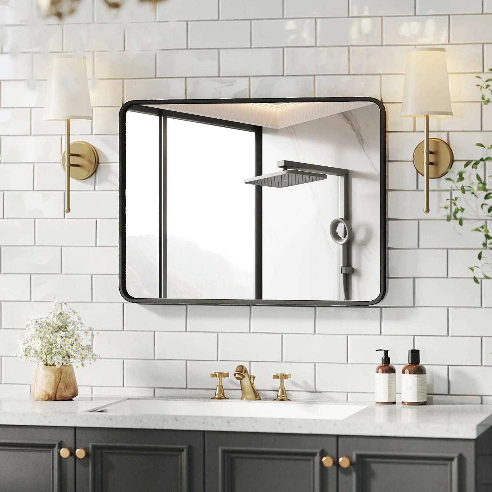 24x36 Inch Matte Black Framed Wall Mirror with Tempered Glass-30L x 22W / United States