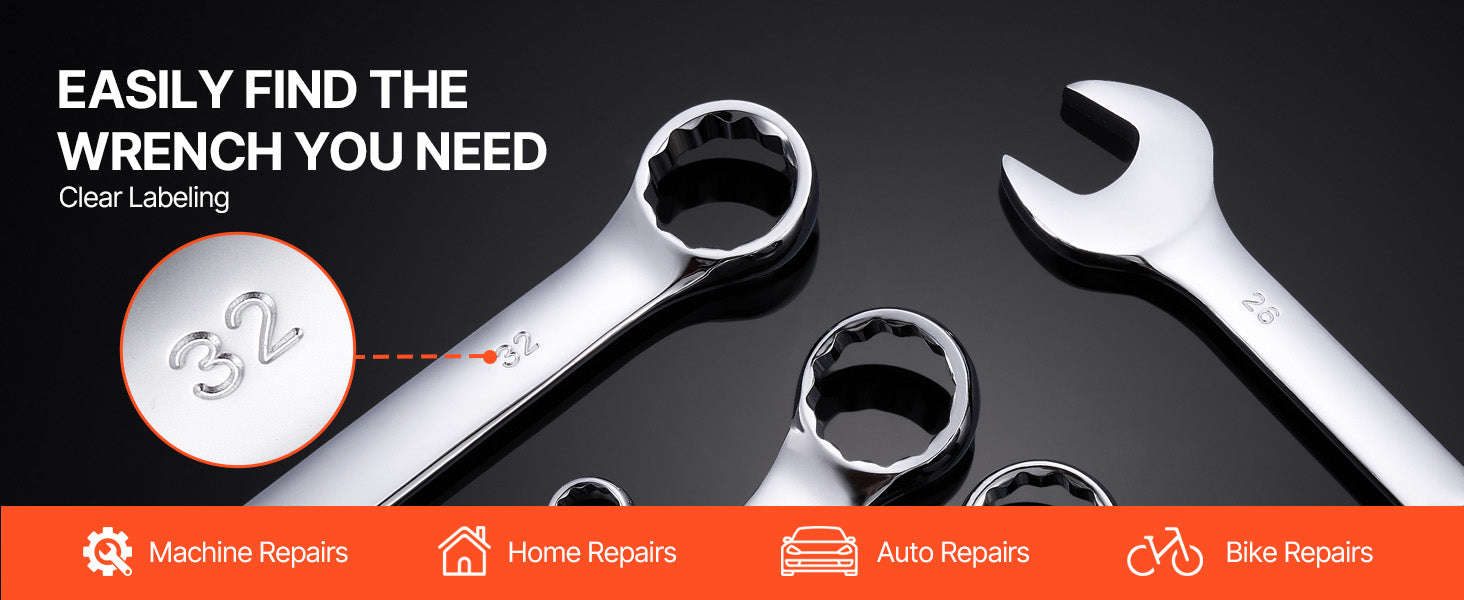 25-Piece Combination Wrench Set with Roll-Up Pouch, Metric 6 mm to 32 mm, Carbon Steel-25 PCS / United States