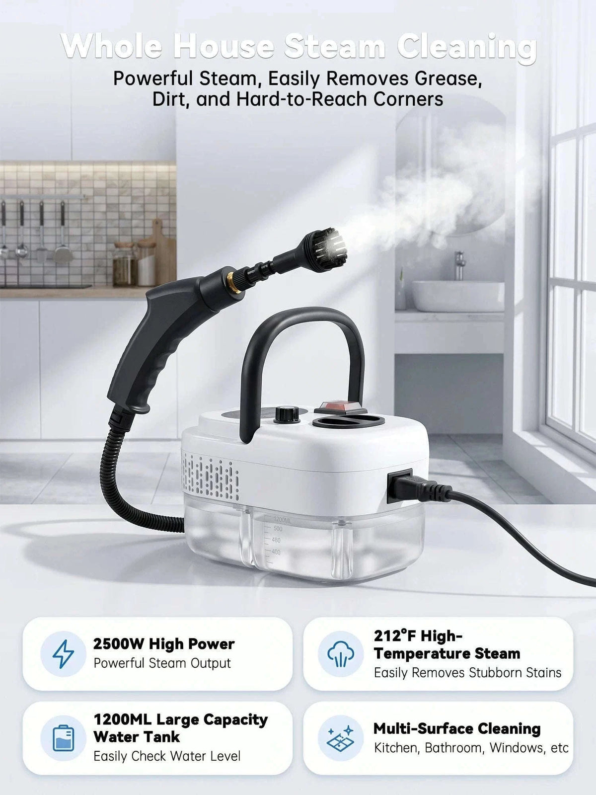 2500W Handheld Steam Cleaner with 1200ml Tank and Accessories-white / 110 V / US|United States