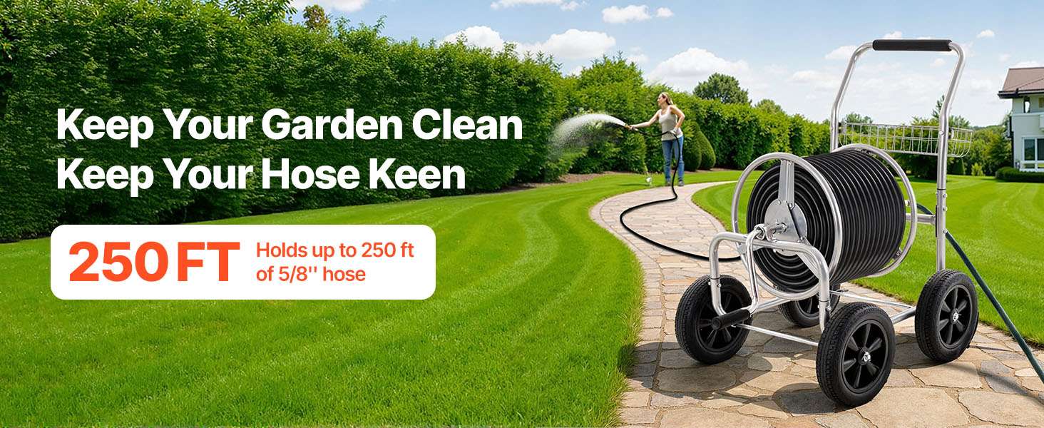 250ft Heavy Duty Garden Hose Reel Cart with Steel Frame & Wheels-250ft / Other / 200ft|United States