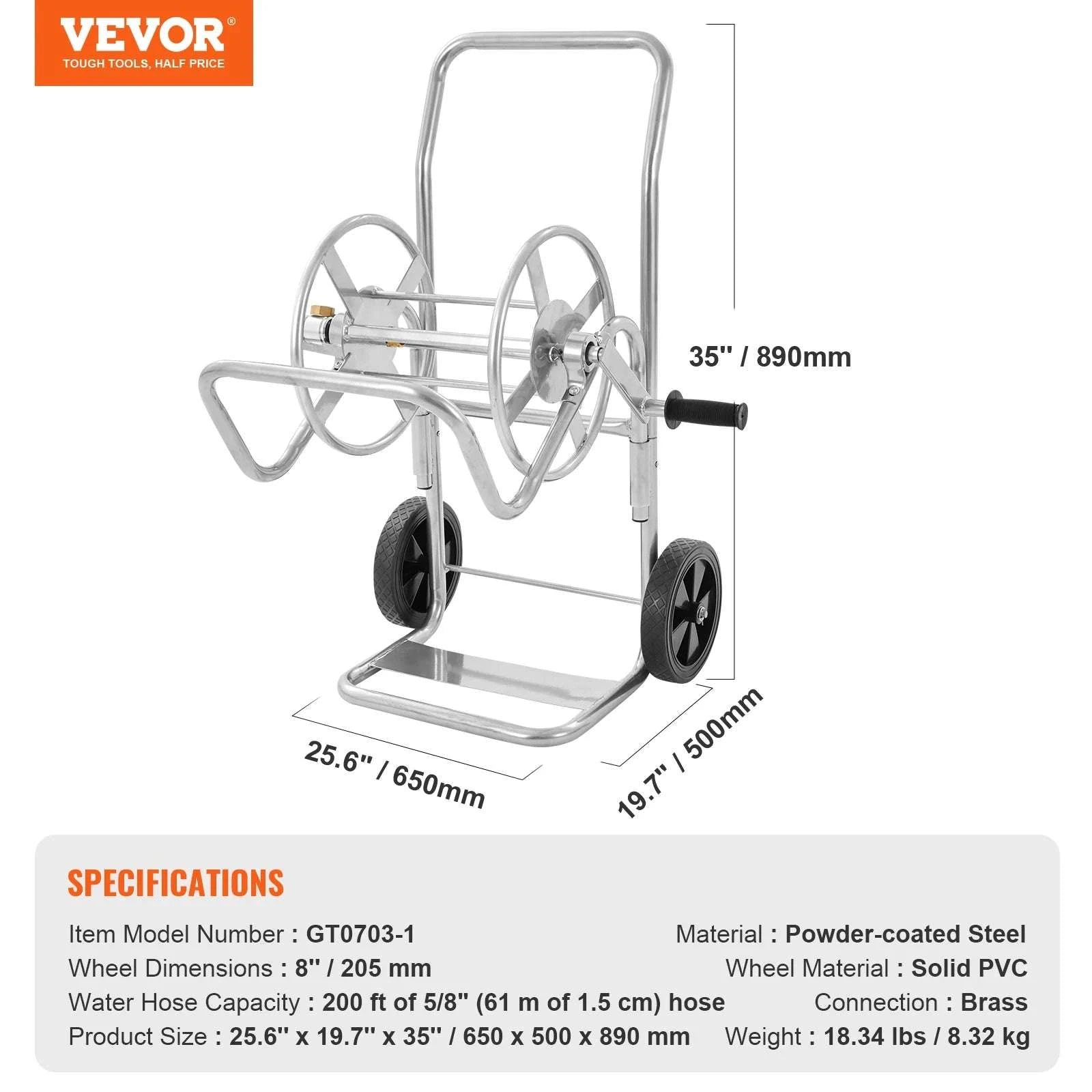 250ft Heavy Duty Garden Hose Reel Cart with Steel Frame & Wheels-250ft / Other / 200ft|United States