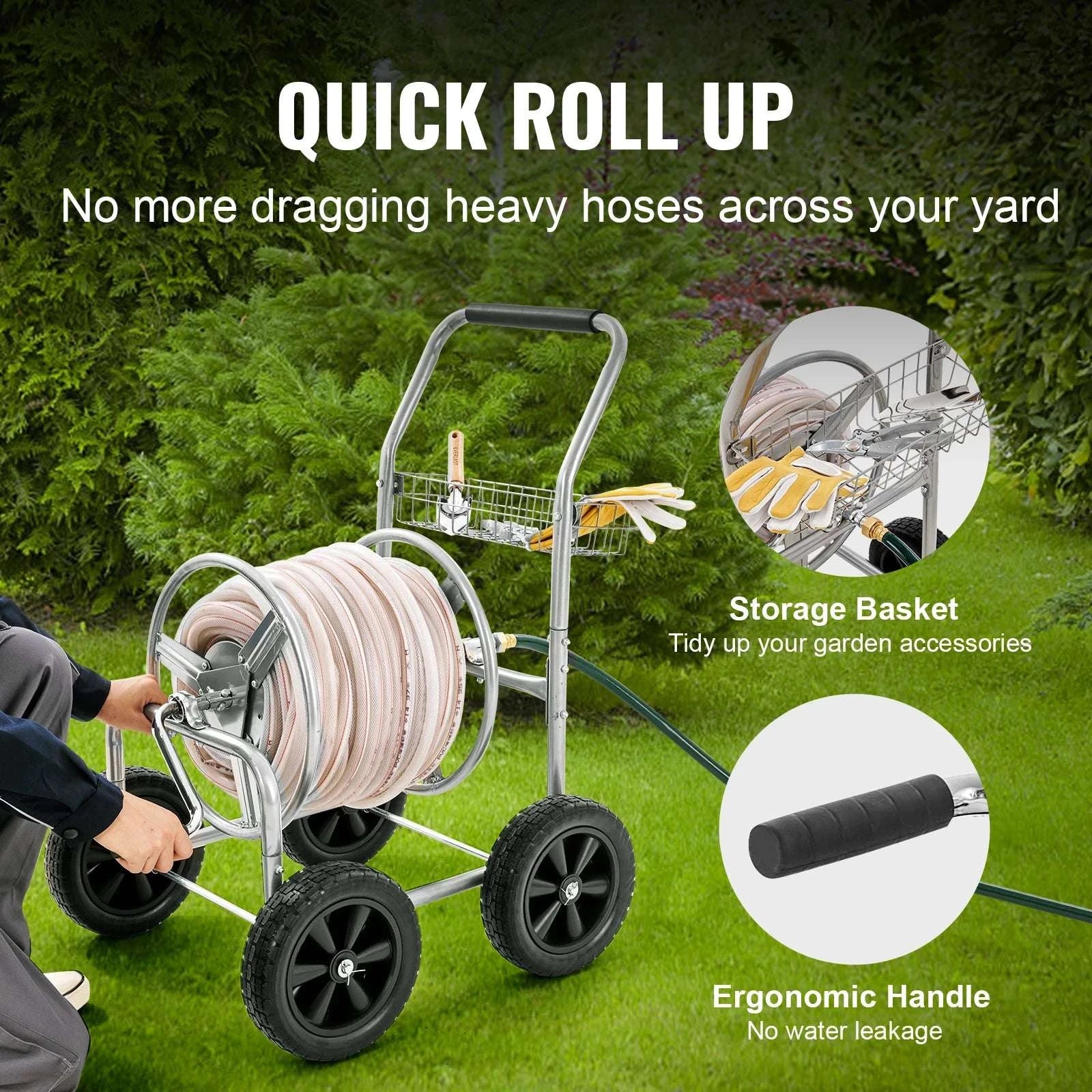 250ft Heavy Duty Garden Hose Reel Cart with Steel Frame & Wheels-250ft / Other / 200ft|United States