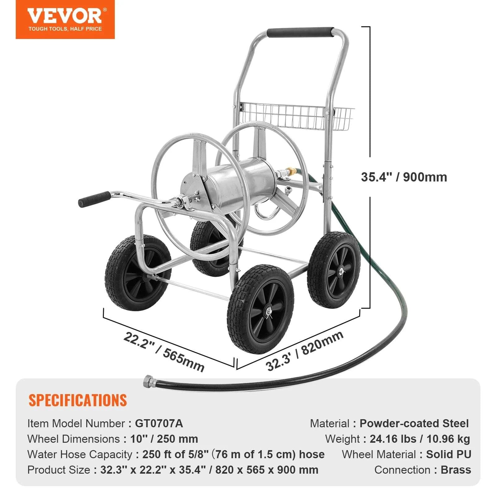 250ft Heavy Duty Garden Hose Reel Cart with Steel Frame & Wheels-250ft / Other / 200ft|United States
