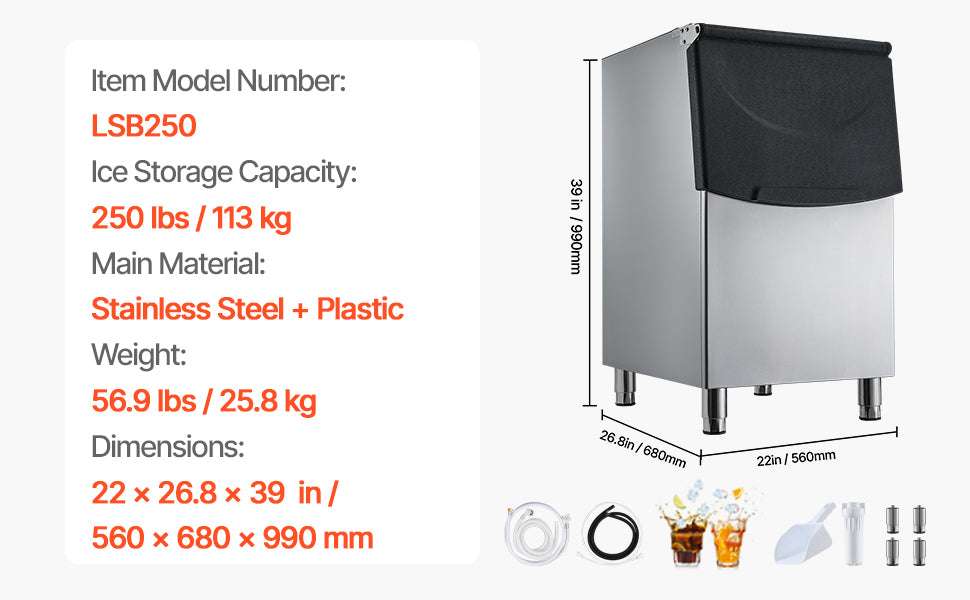250LB Commercial Ice Maker with Storage Bin & Water Filter-250lbs / United States