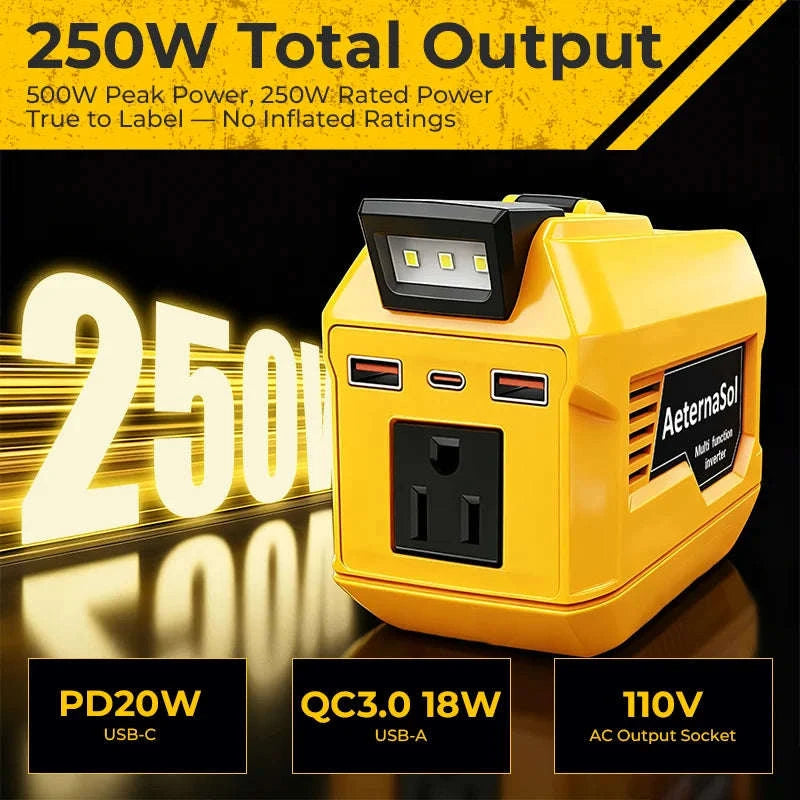 250W Power Inverter for 18V/20V Battery with 110V AC, USB-C, USB and LED Light-2pcs Dewalt adapter / United States