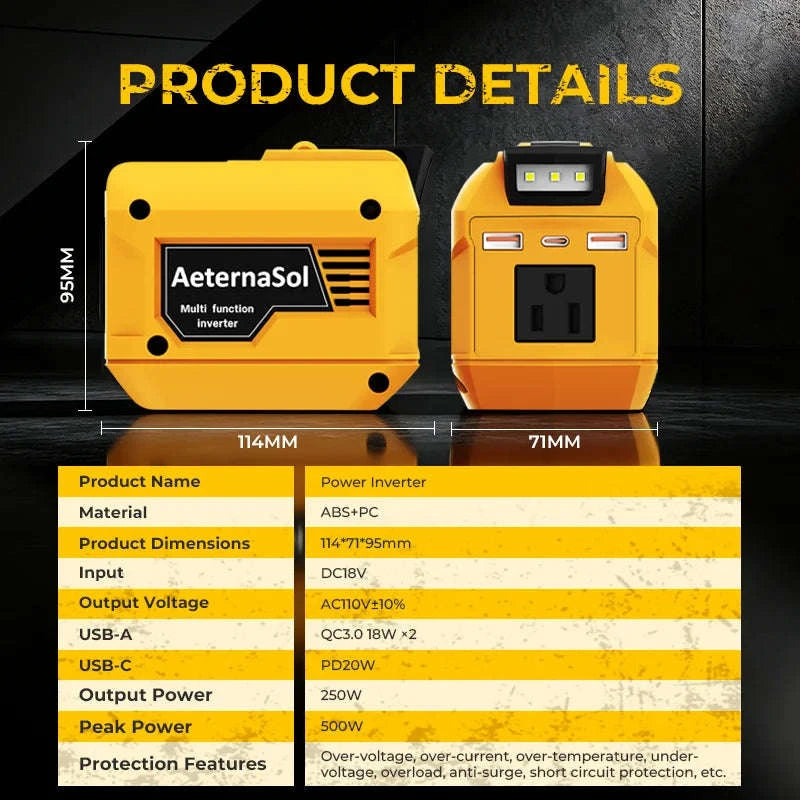 250W Power Inverter for 18V/20V Battery with 110V AC, USB-C, USB and LED Light-2pcs Dewalt adapter / United States