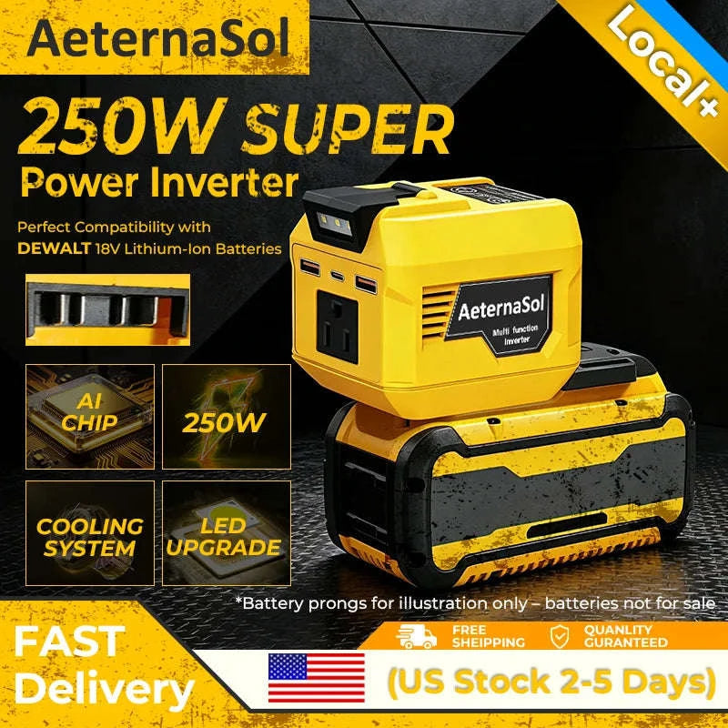 250W Power Inverter for 18V/20V Battery with 110V AC, USB-C, USB and LED Light-2pcs Dewalt adapter / United States
