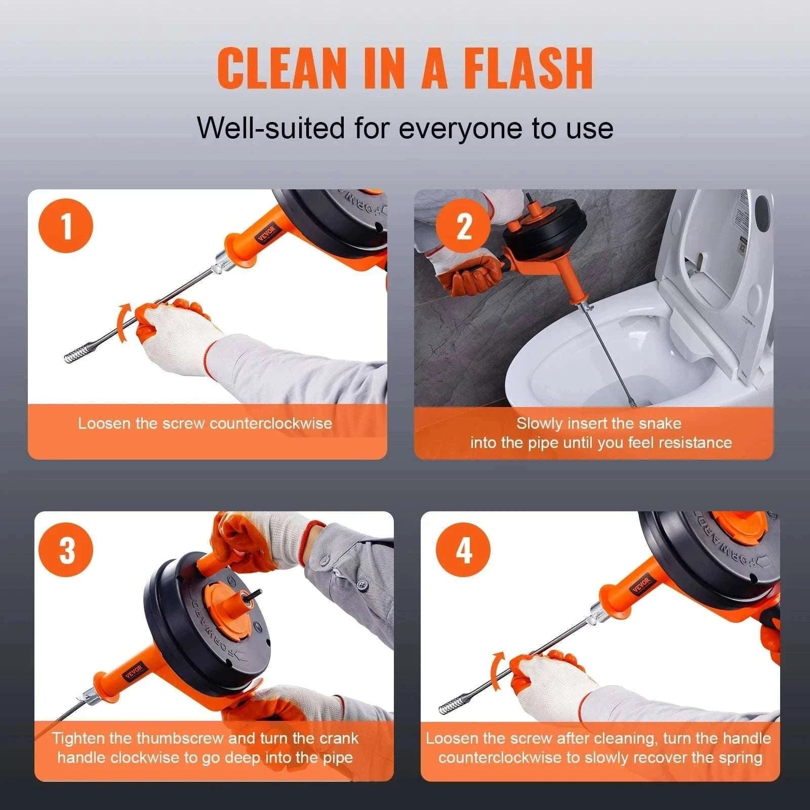 25ft Drain Auger Plumbing Snake with Drill Attachment for Clogs-Manual-feed / spain