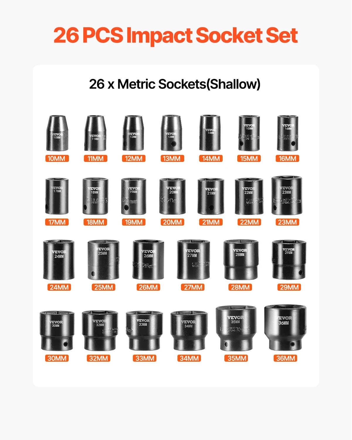 26-Piece 1/2-Inch Drive Shallow Impact Socket Set, Metric, 6-Point-france