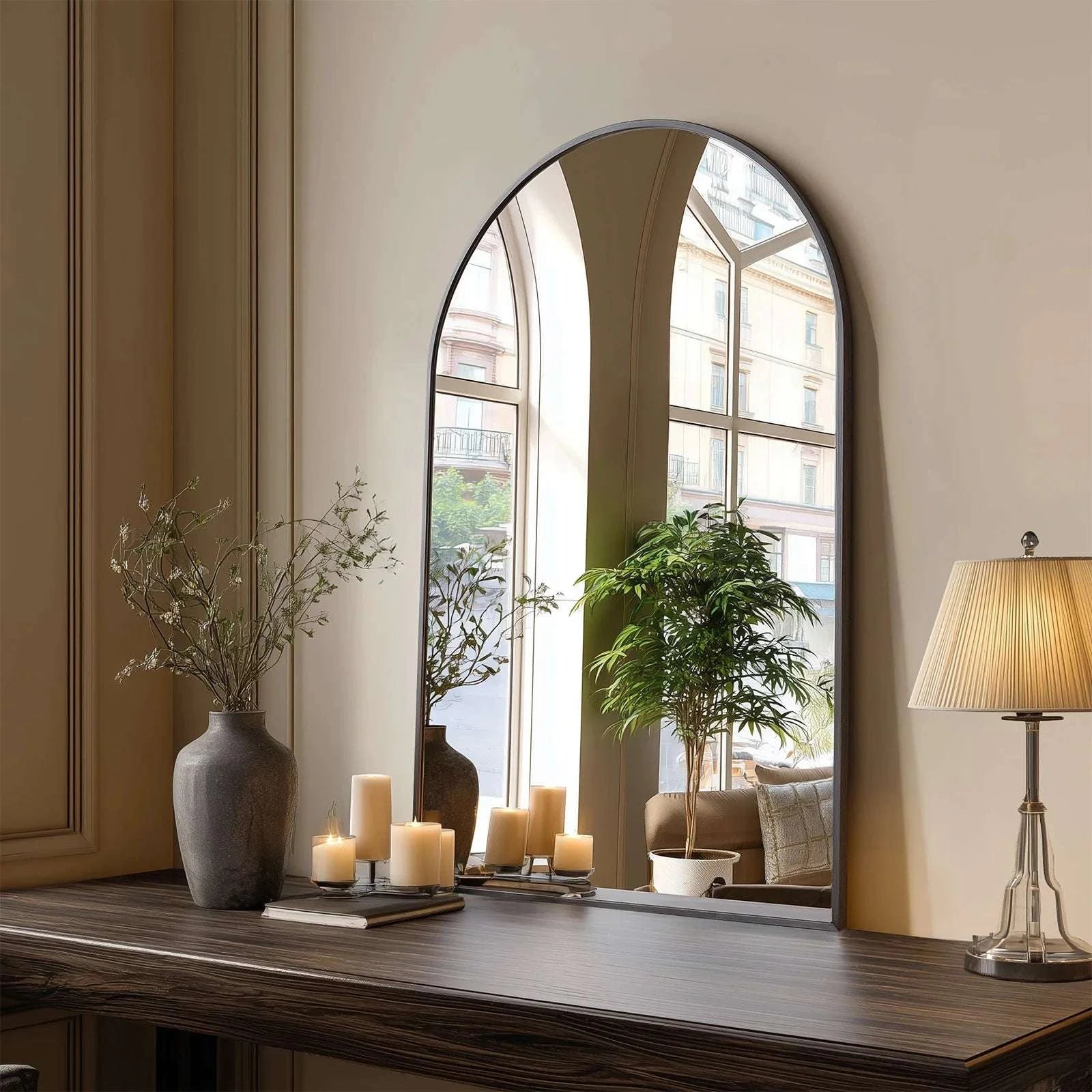 26x38 Arched Wall Mirror with Metal Frame for Bathroom or Entryway-30L x 20W Black / United States