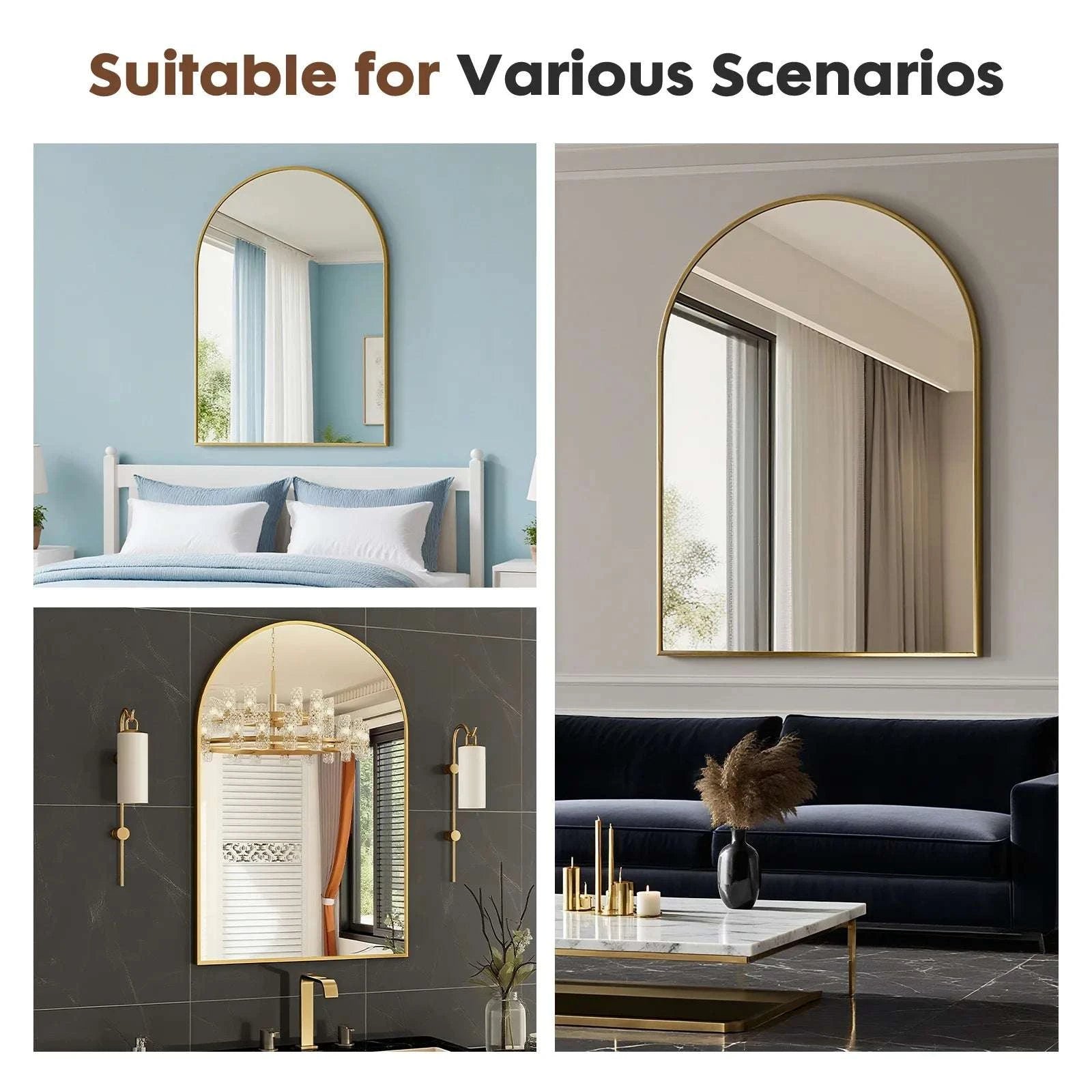 26x38 Arched Wall Mirror with Metal Frame for Bathroom or Entryway-30L x 20W Black / United States