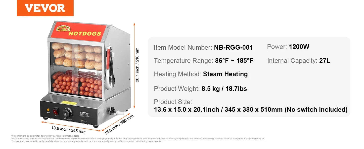 27L 2-Tier Hot Dog Steamer with Temperature Control and Bun Warmer-27 L / United States