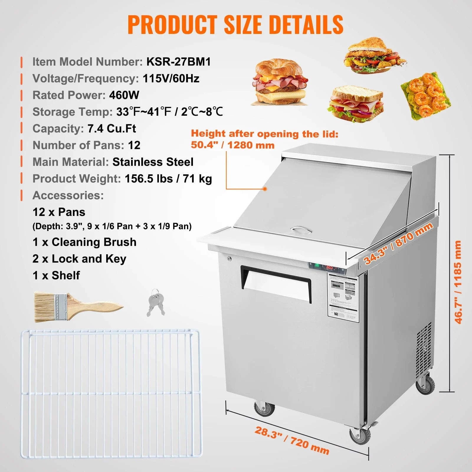 28 Inch Commercial Refrigerator Sandwich & Salad Prep Table 7.4 Cu. Ft.-12pans / United States