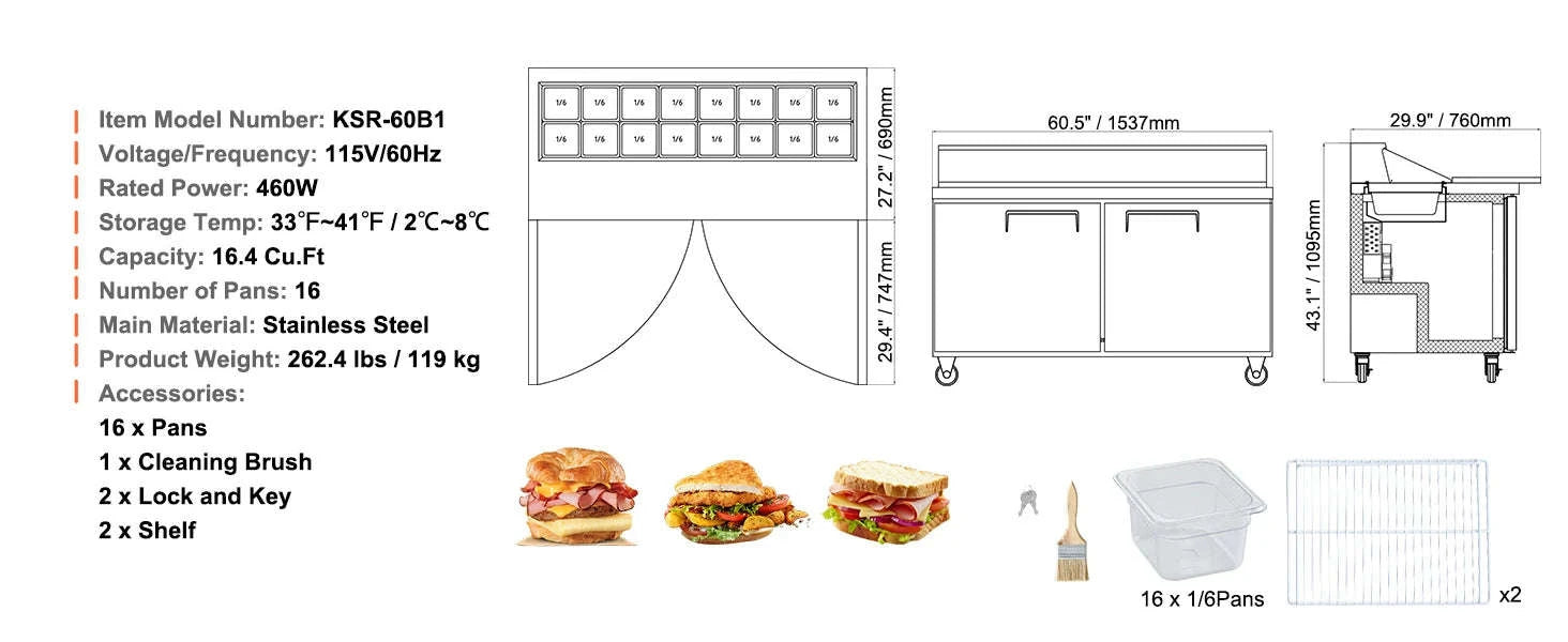 28 Inch Commercial Refrigerator Sandwich & Salad Prep Table 7.4 Cu. Ft.-12pans / United States