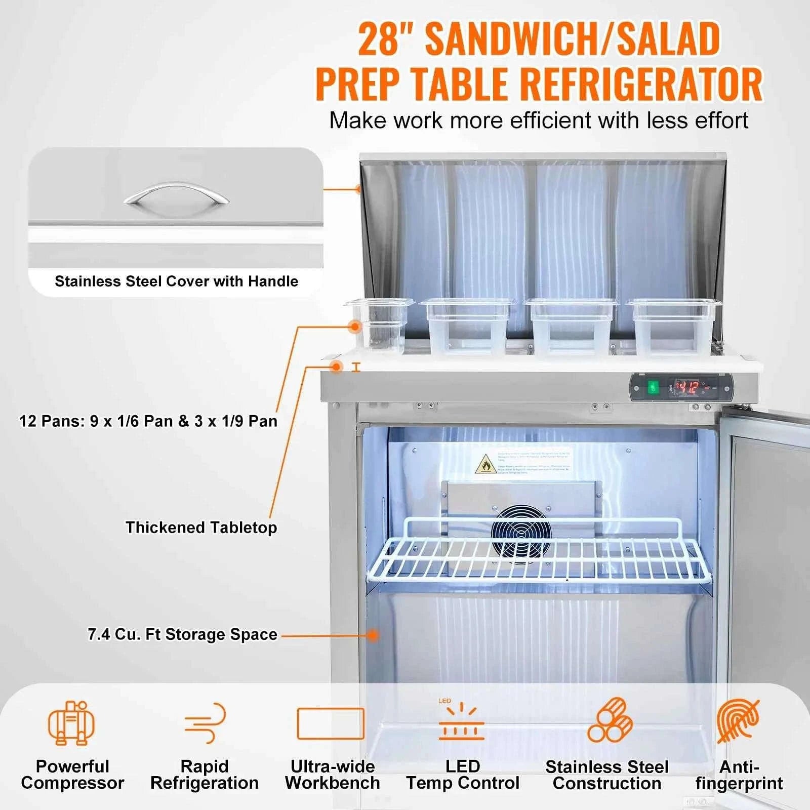 28 Inch Commercial Refrigerator Sandwich & Salad Prep Table 7.4 Cu. Ft.-12pans / United States