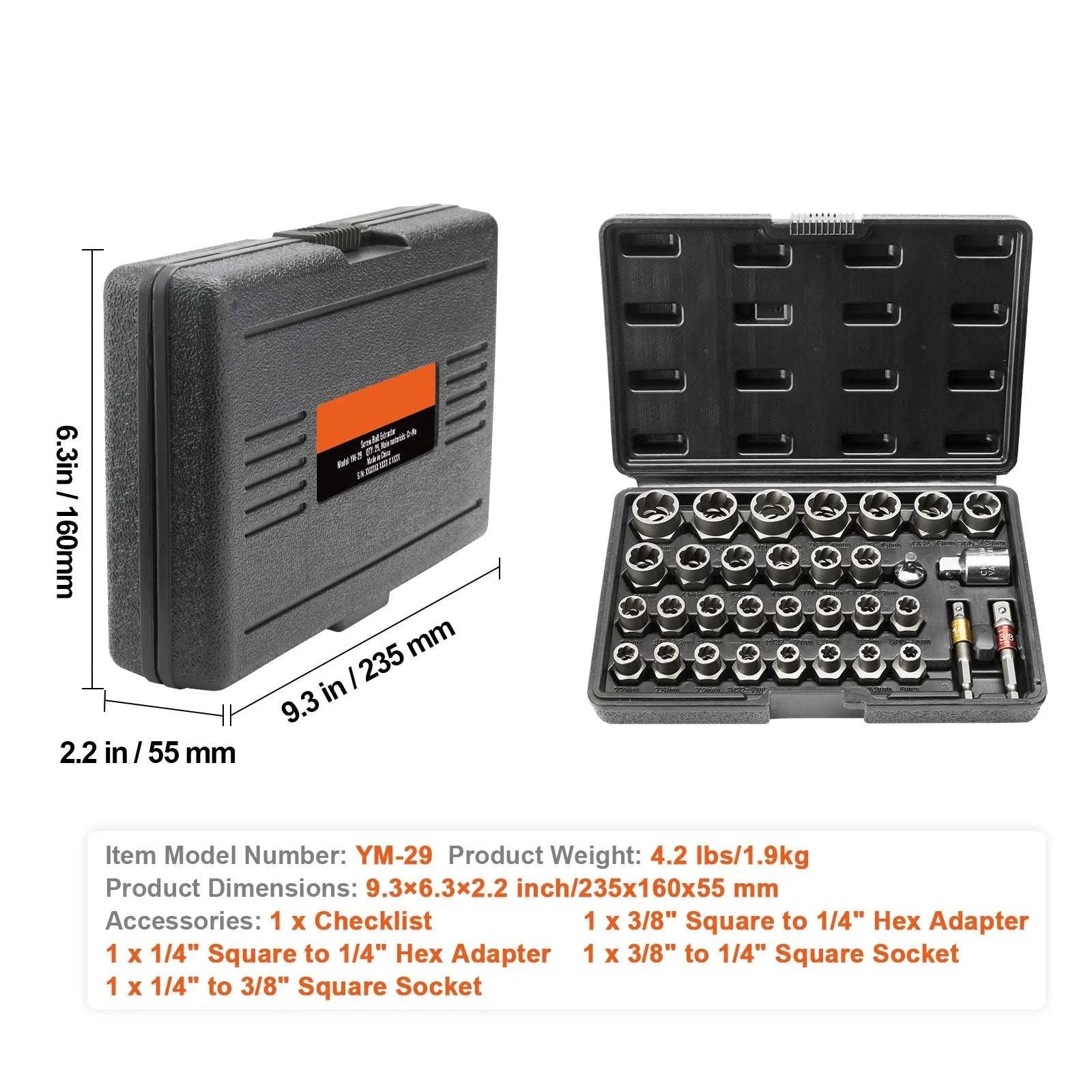 29-Piece Bolt Extractor Set for Stripped, Rusted Nuts & Bolts-29PCs w Case / United States