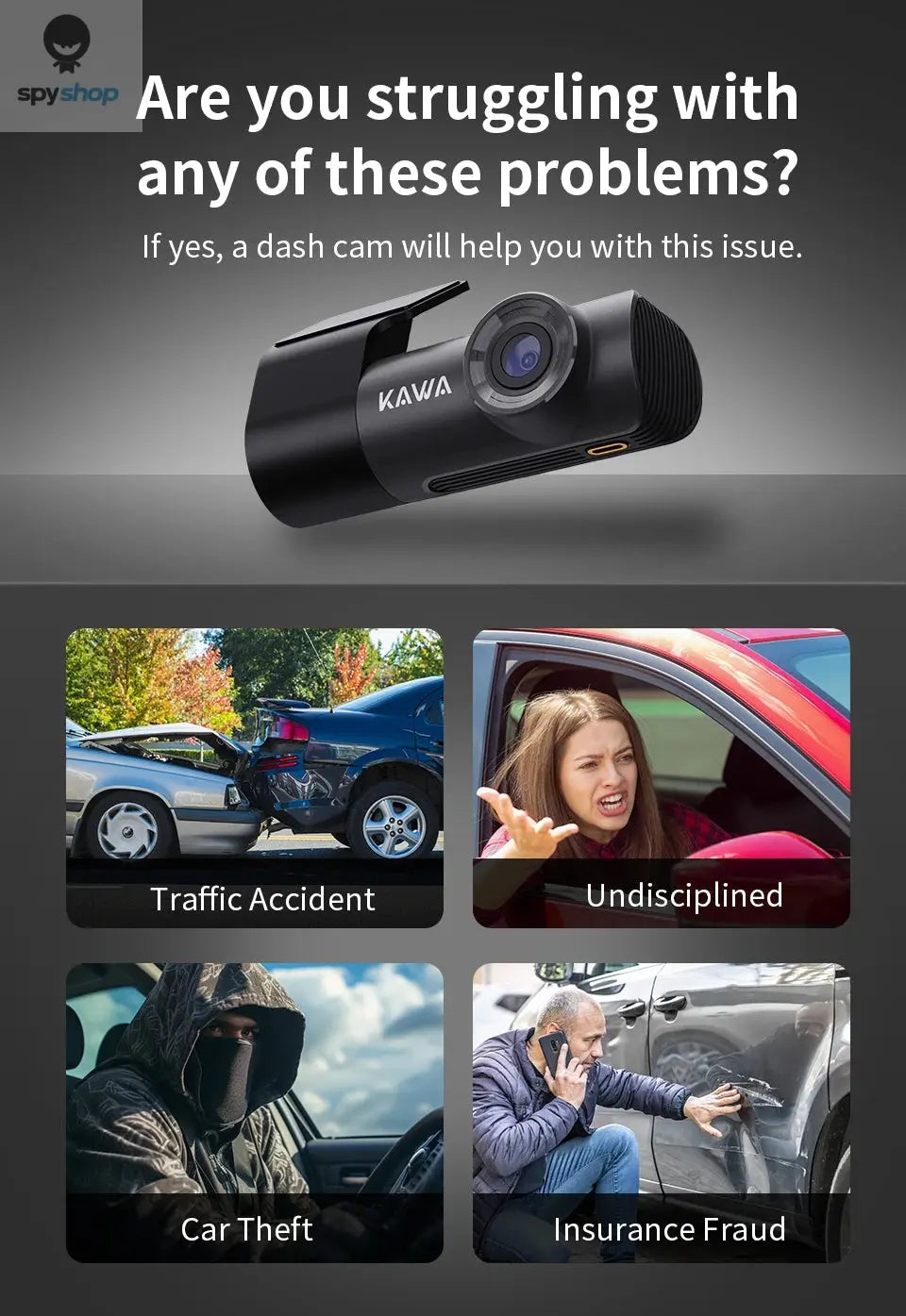 2K Dash Camera For Car DVR Dash Cam In The Car KAWA D5 Video Recorder Emergency Voice Control Night Vision WiFi APP Monitor WDR Spy-shop.com