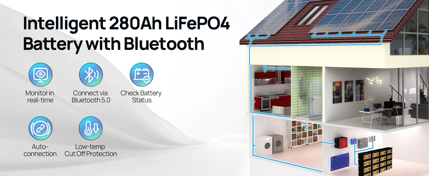 12V 280Ah LiFePO4 baterie pro obytný vůz 3584Wh s Bluetooth a 200A BMS
